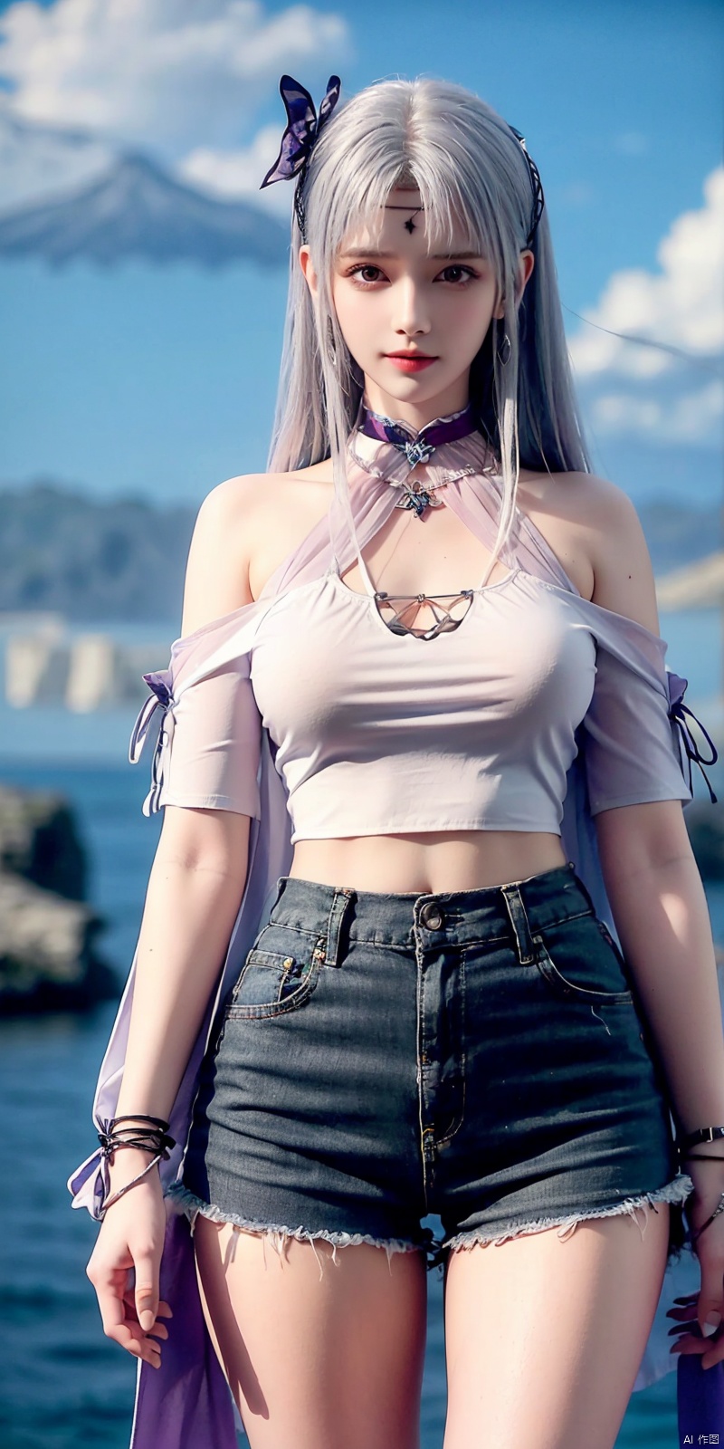  cowboy shot, Blue sky, white clouds, ocean,nai3, 1girl, shorts, solo, crop top, black shorts, choker, navel, shirt, midriff, crop top overhang, looking at viewer, white shirt, jewelry, breasts, bare shoulders, short shorts, off-shoulder shirt, off shoulder, black choker, thighs, stomach, hand on own thigh, long hair, bracelet, short sleeves, ribbon, hand up, collarbone, hair ribbon, medium breasts, standing, high-waist shorts, dolphin shorts, bra strap, , hair ornament, thigh gap, necklace, expressionless, , ,kind smile, , xiaoyixian,white_hair