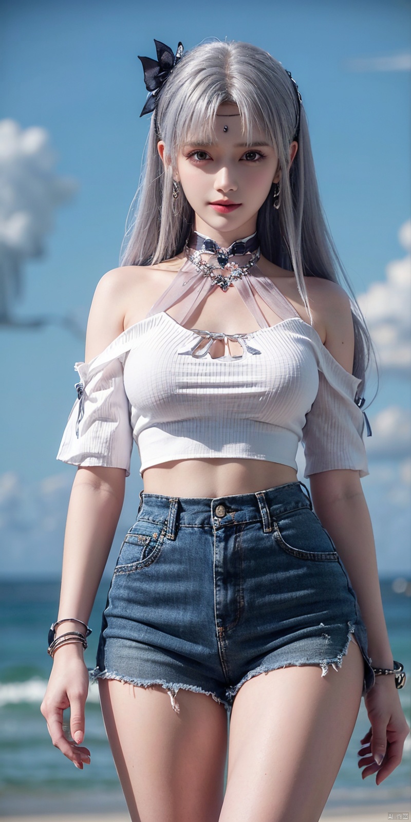  cowboy shot, Blue sky, white clouds, ocean,nai3, 1girl, shorts, solo, crop top, black shorts, choker, navel, shirt, midriff, crop top overhang, looking at viewer, white shirt, jewelry, breasts, bare shoulders, short shorts, off-shoulder shirt, off shoulder, black choker, thighs, stomach, hand on own thigh, long hair, bracelet, short sleeves, ribbon, hand up, collarbone, hair ribbon, medium breasts, standing, high-waist shorts, dolphin shorts, bra strap, , hair ornament, thigh gap, necklace, expressionless, , ,kind smile, , xiaoyixian,white_hair,Dynamic pose