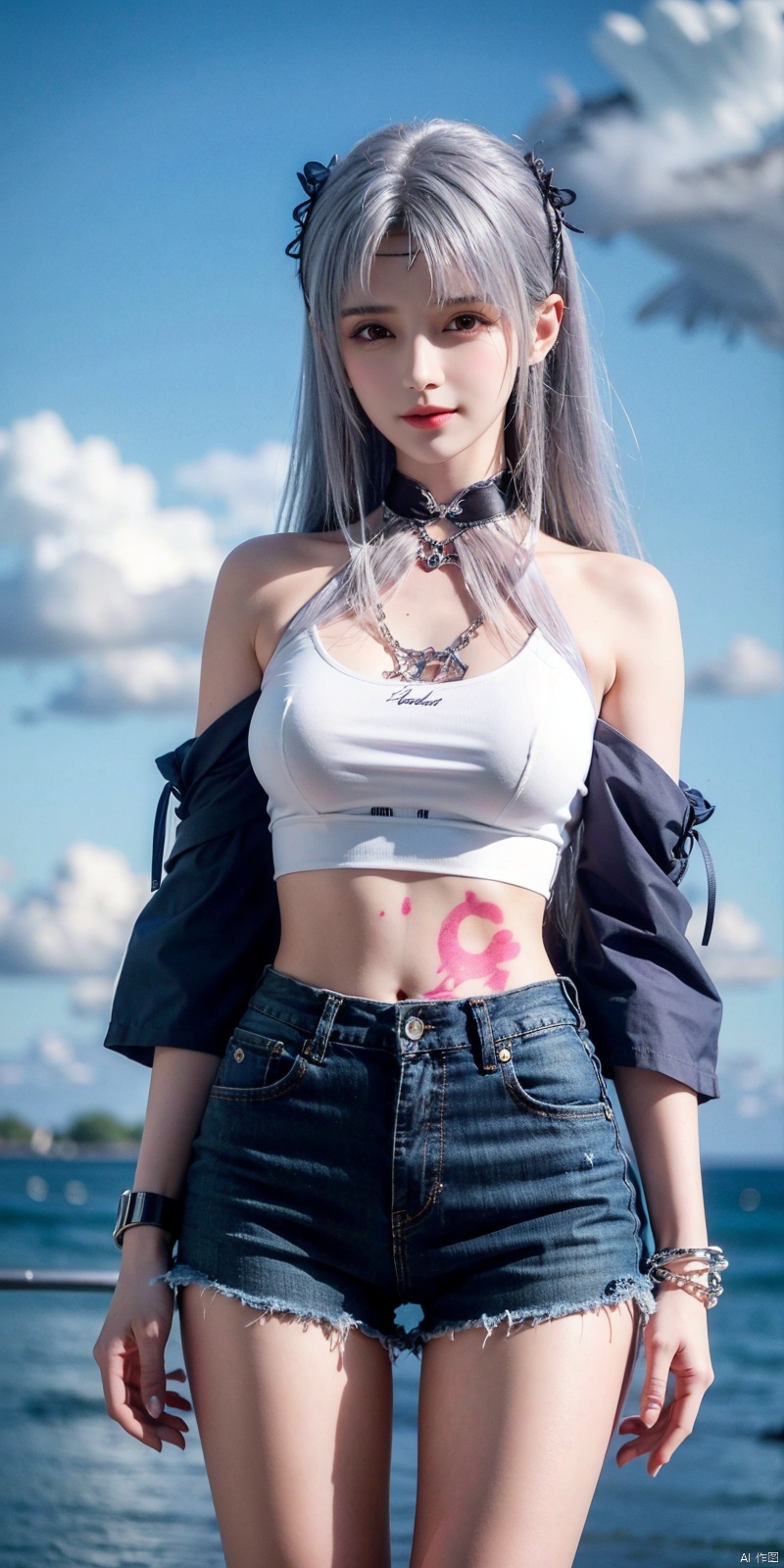  cowboy shot, Blue sky, white clouds, ocean,nai3, 1girl, shorts, solo, crop top, black shorts, choker, navel, shirt, midriff, crop top overhang, looking at viewer, white shirt, jewelry, breasts, bare shoulders, short shorts, off-shoulder shirt, off shoulder, black choker, thighs, stomach, hand on own thigh, long hair, bracelet, short sleeves, ribbon, hand up, collarbone, hair ribbon, medium breasts, standing, high-waist shorts, dolphin shorts, bra strap, , hair ornament, thigh gap, necklace, expressionless, , ,kind smile, , xiaoyixian,white_hair