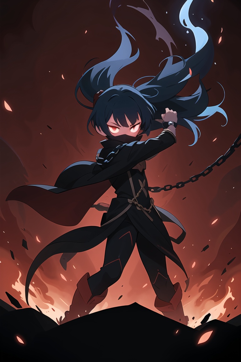 A striking anime character,  shrouded in shadows and poised for battle,  stands against a deep crimson background adorned...
