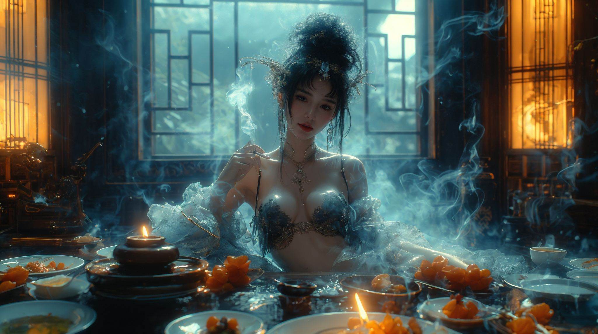 smoking woman,  ultra high resolution,  ((masterpiece))) on Tensor.Art