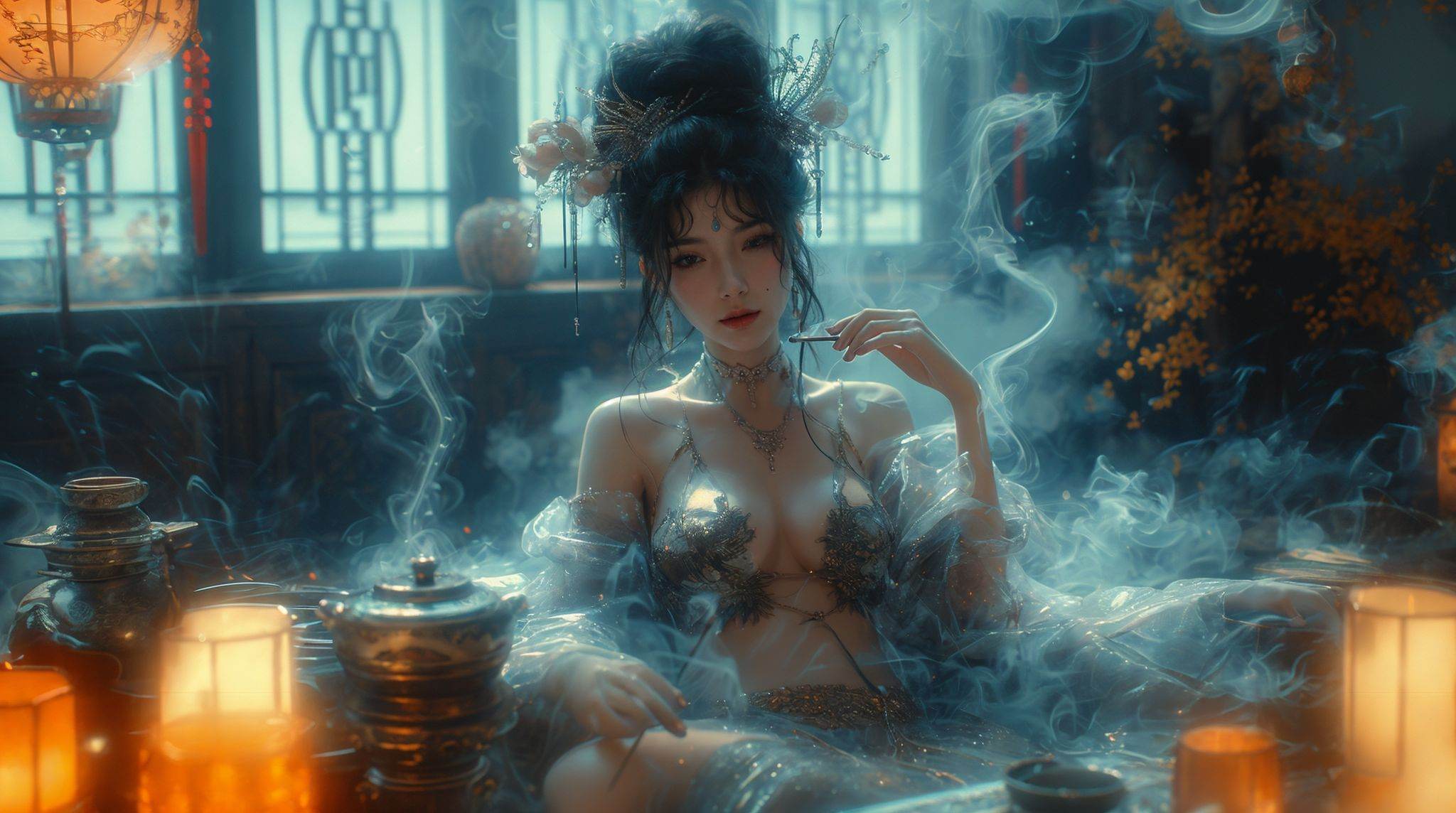 smoking woman,  ultra high resolution,  ((masterpiece))) on Tensor.Art