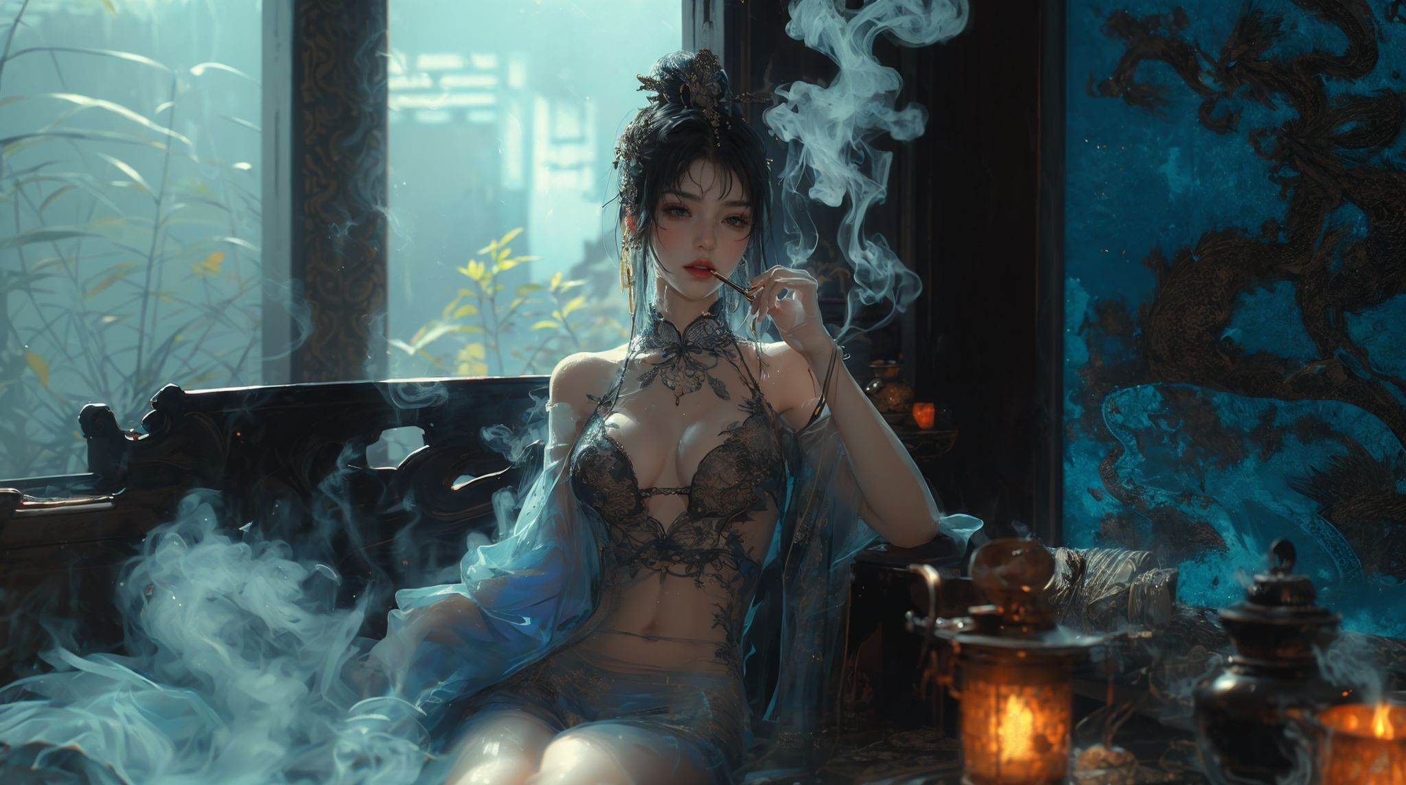 smoking woman,  ultra high resolution,  ((masterpiece))) on Tensor.Art
