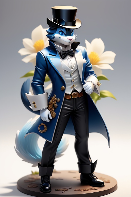 <lora:figurine style:1>,figurine style, solo, hat, blue eyes, 1boy, belt, male focus, simple background, white background, furry male, flower, smile, furry, standing, full body, tail, looking at viewer, gloves, animal ears, clothed pokemon, top hat, jacket, white gloves, buckle, closed mouth, belt buckle