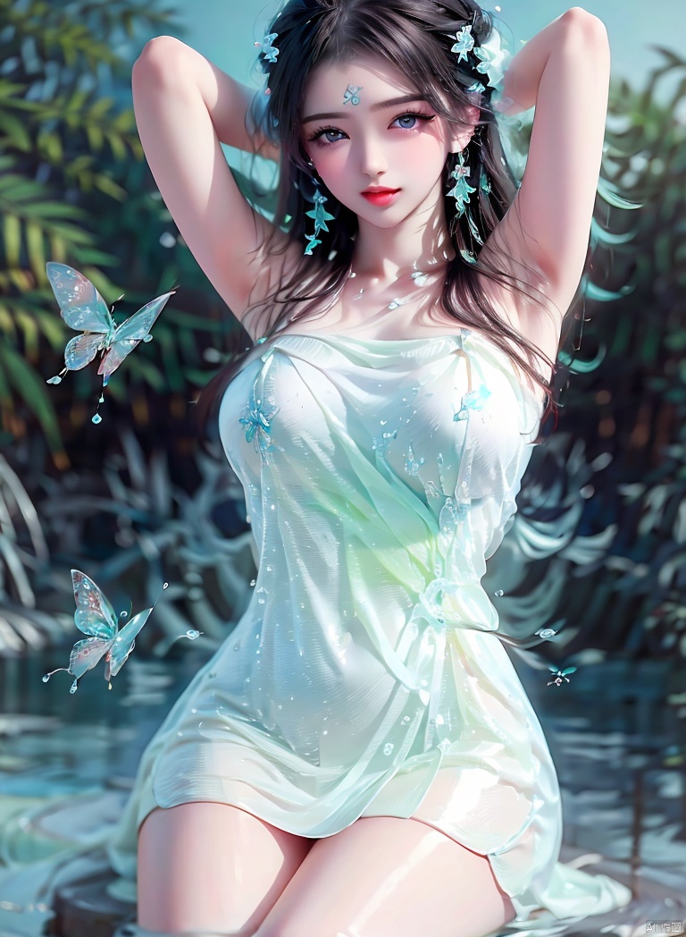 1girl, solo, long hair, breasts, looking at viewer, blue eyes, black hair, hair ornament, dress, jewelry, sitting, earrings, armpits, water, arms up, facial mark, bug, towel, butterfly, arms behind head, forehead mark