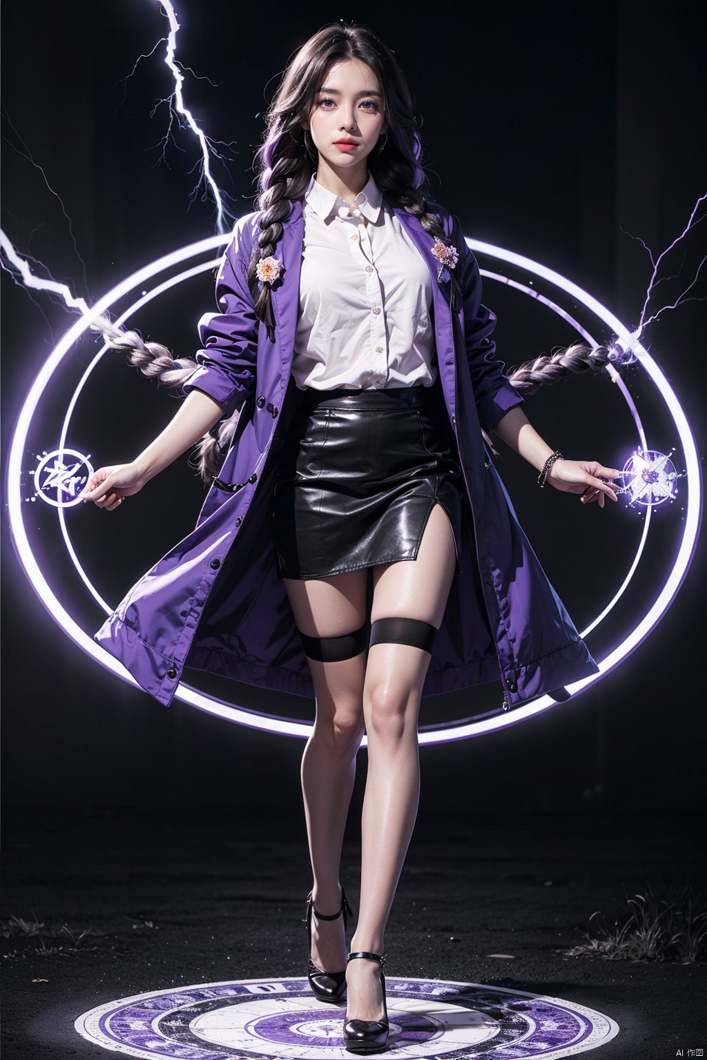  1girl,urple hair, purple eyes, glowing eyes, electricity,Silk stockings, jackets, lightning, Short skirt,Artifacts,purple magic, aura, full body,magic circle, braids,very long hair,hair flowe,tarry sky
