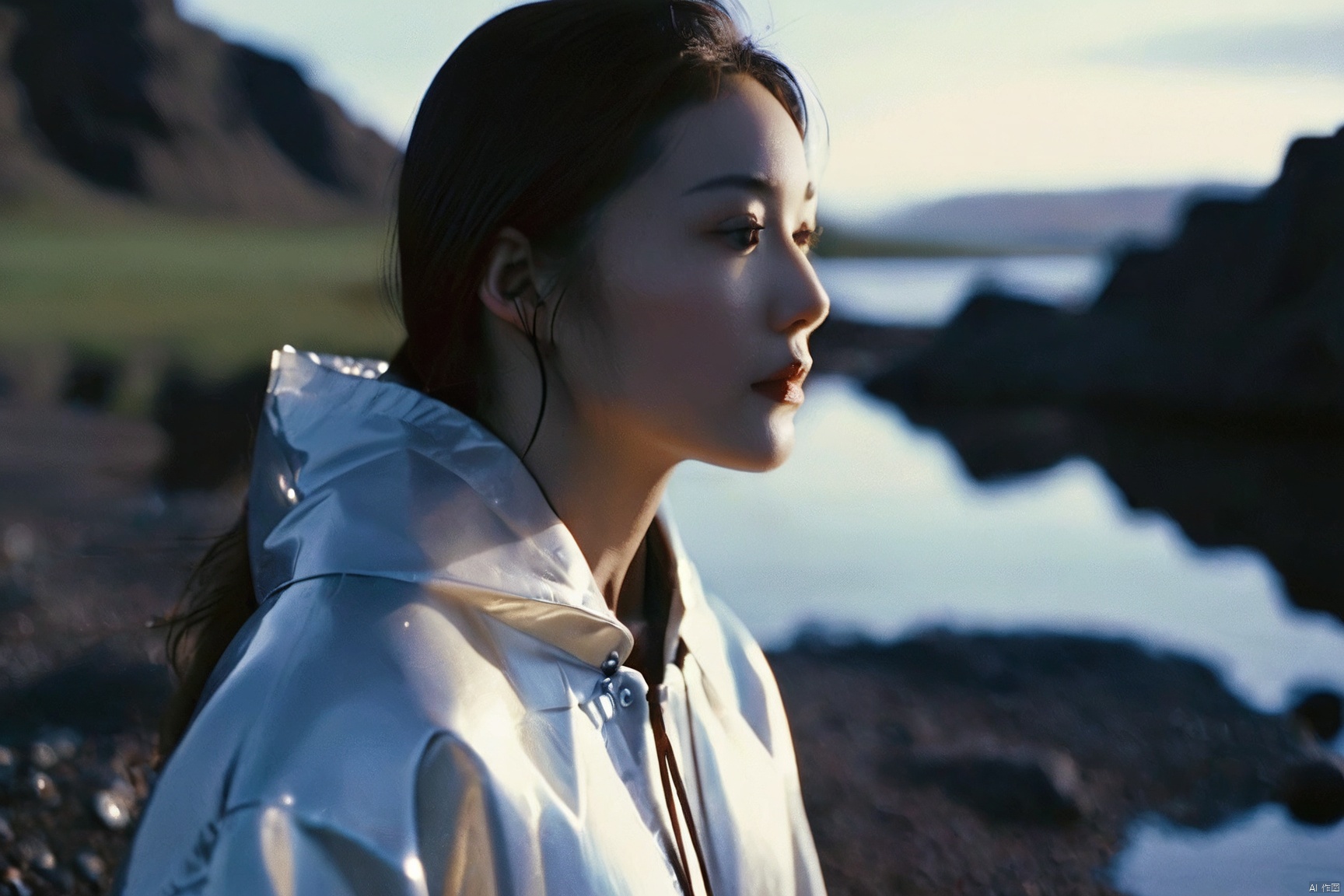  analog film photo chinese girl, cinematic film still, ((Establishing_Shot)), ((looking away)), expression of enjoyment, an ultra high definition professional high fashion portrait full length photograph, a model wearing a transparent pearlescent raincoat in an icelandic black rock environment at dawn, no artefacts, extremely detailed, stark, refraction, shallow depth of field, volumetric light and shadow, ray tracing, light rays, shallow depth of field, vignette, highly detailed, high budget, bokeh, cinemascope, moody, epic, gorgeous, film grain, grainy . faded film, desaturated, 35mm photo, grainy, vignette, vintage, Kodachrome, Lomography, stained, highly detailed, found footage
, monkren, Fairy, realistic,sunlight, Cinematic Lighting, close up