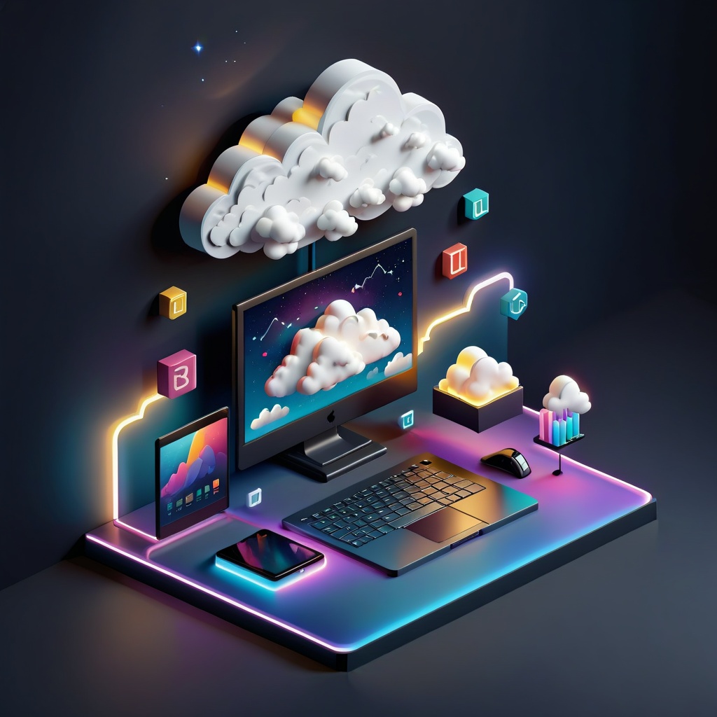 a 3d tableau isometric illustration of a desktop connected to cloud,  clean background,  dark mode on Tensor.Art