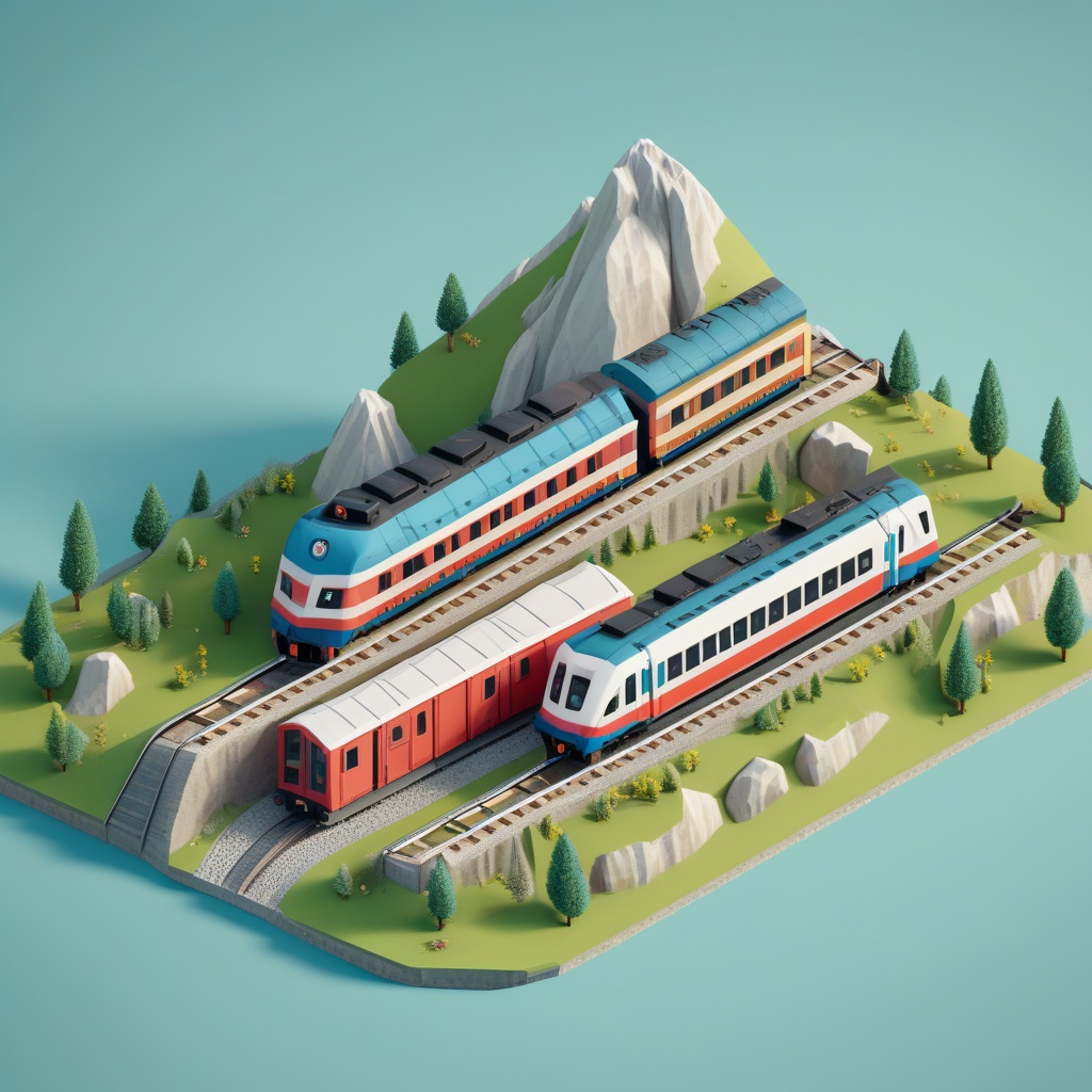 cute 3D isometric model of a train i the alps in southern france e | blender render engine niji 5 style expressive,  3d is...