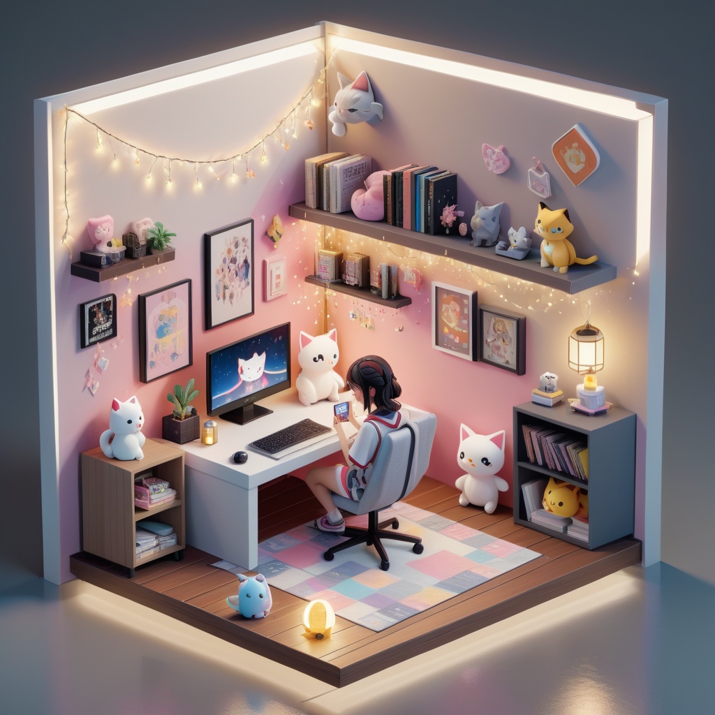 an animated 3d isometric illustation of a room that is cute and very cozy with lots of video game elements,  there is a gi...