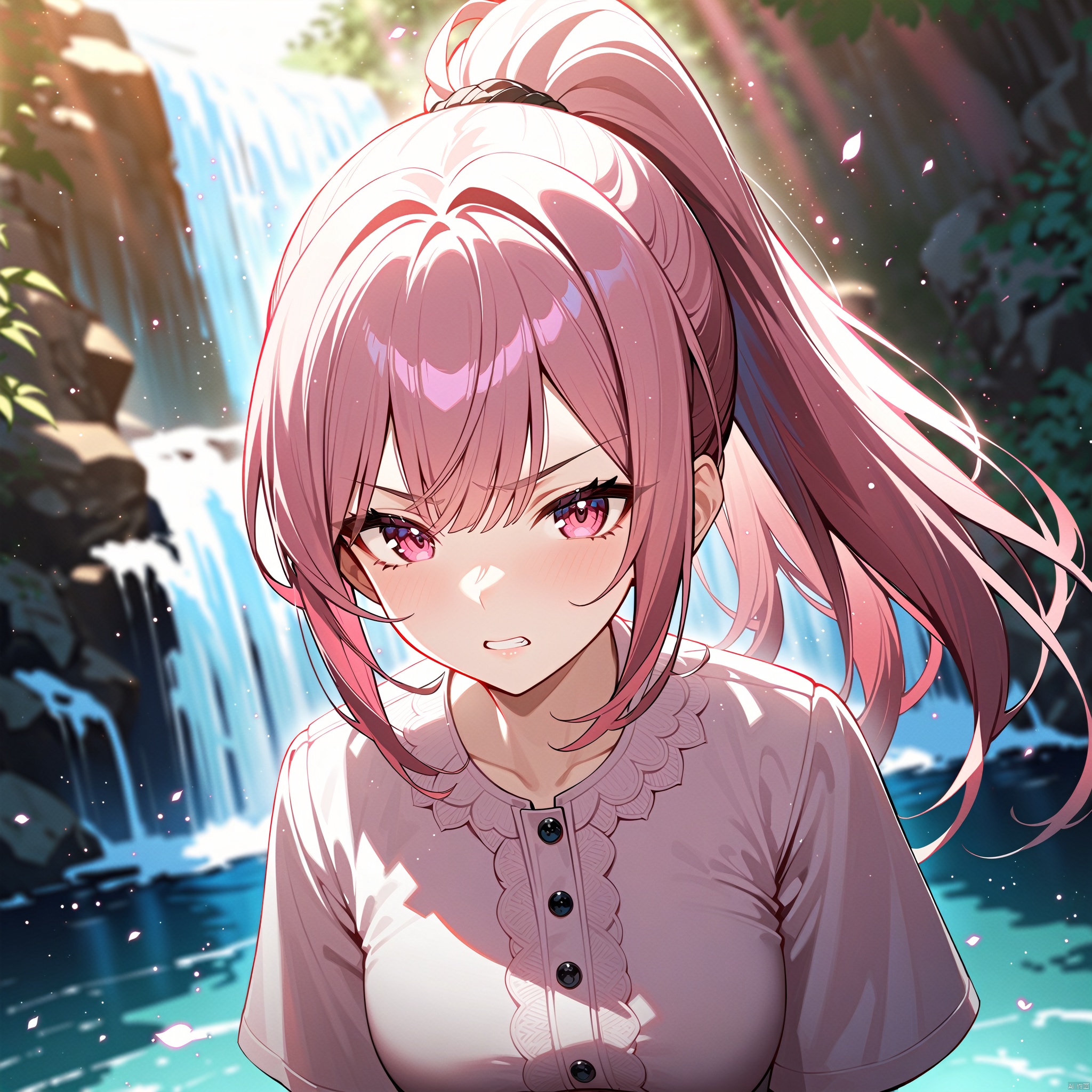 masterpiece, best quality, official art, extremely detailed CG unity 8k wallpaper, 1girl, high ponytail, looking at viewer, pov, standing, angry, upper body, waterfall, pink dress, light rays, light particles,