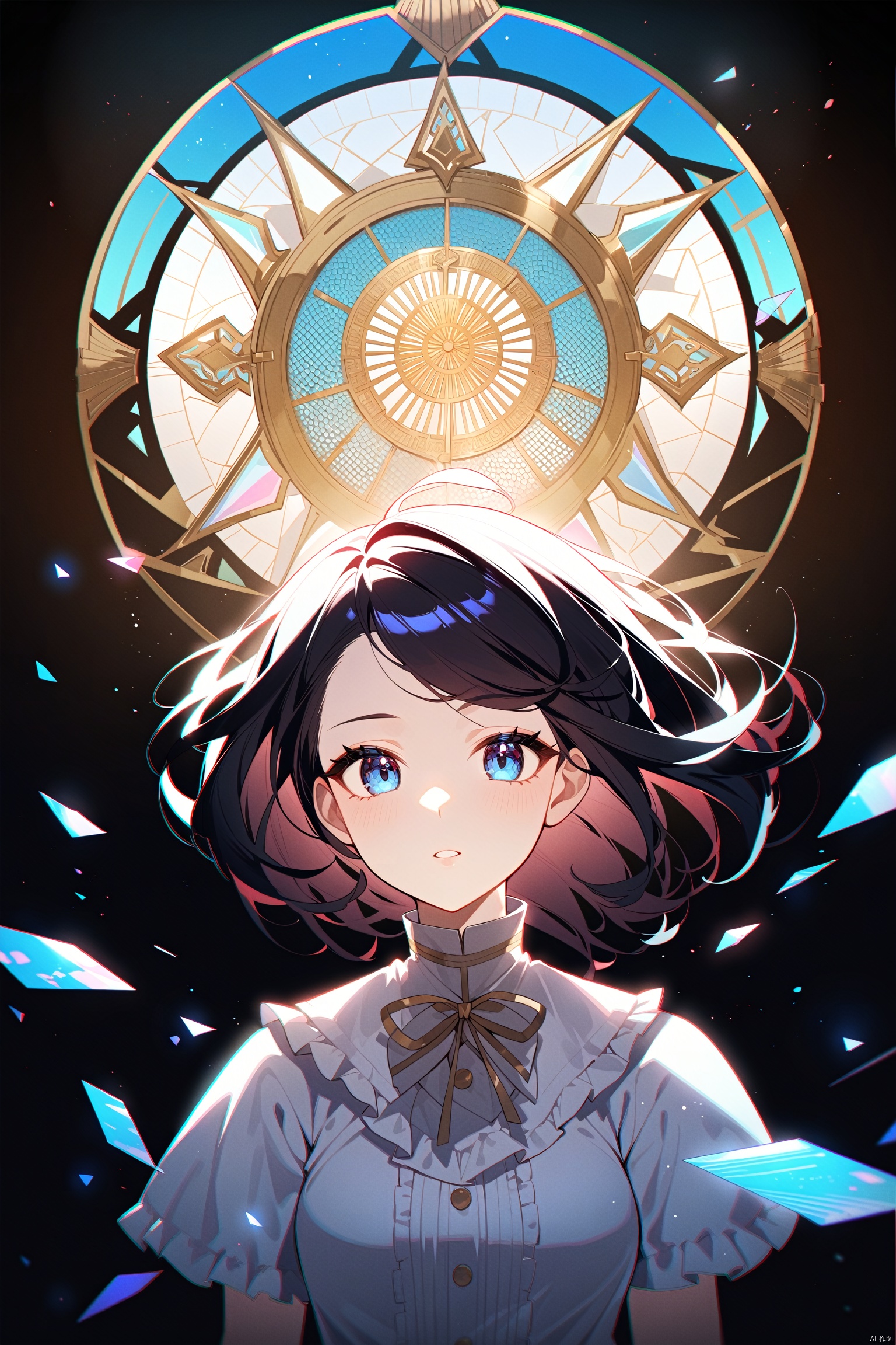 ((illustration)),((floating hair)),((chromatic aberration)),((caustic)),lens flare,dynamic angle,((portrait)),(1 girl),((solo)),cute face,((hidden hands)),asymmetrical bangs,(beautiful detailed eyes),eye shadow,((huge clocks)),((glass strips)),(floating glass fragments),((colorful refraction)),(beautiful detailed sky),((dark intense shadows)),((cinematic lighting)),((overexposure)),(expressionless),blank stare,big top sleeves,((frills)),hair_ornament,ribbons,bowties,buttons,(((small breast))),pleated skirt,((sharp focus)),((masterpiece)),(((best quality))),((extremely detailed)),colorful,hdr,(((tube top, underwear))),