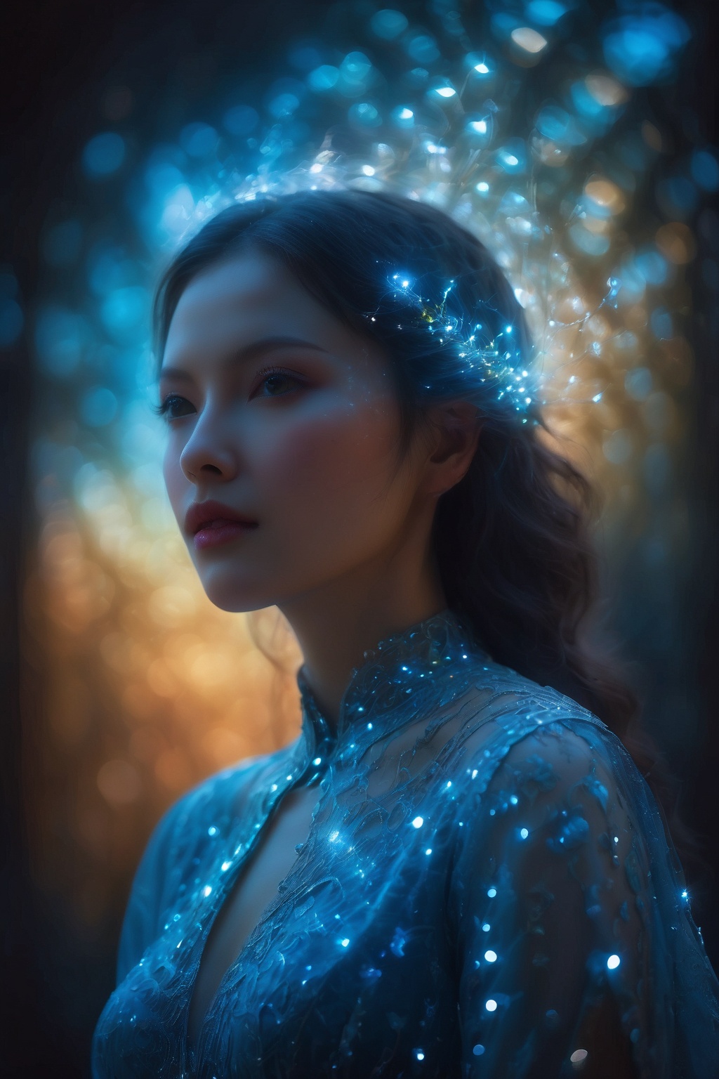 A luminous young woman,  her silhouette crafted from a concealed image of shimmering crystal triboluminescence,  embodying...