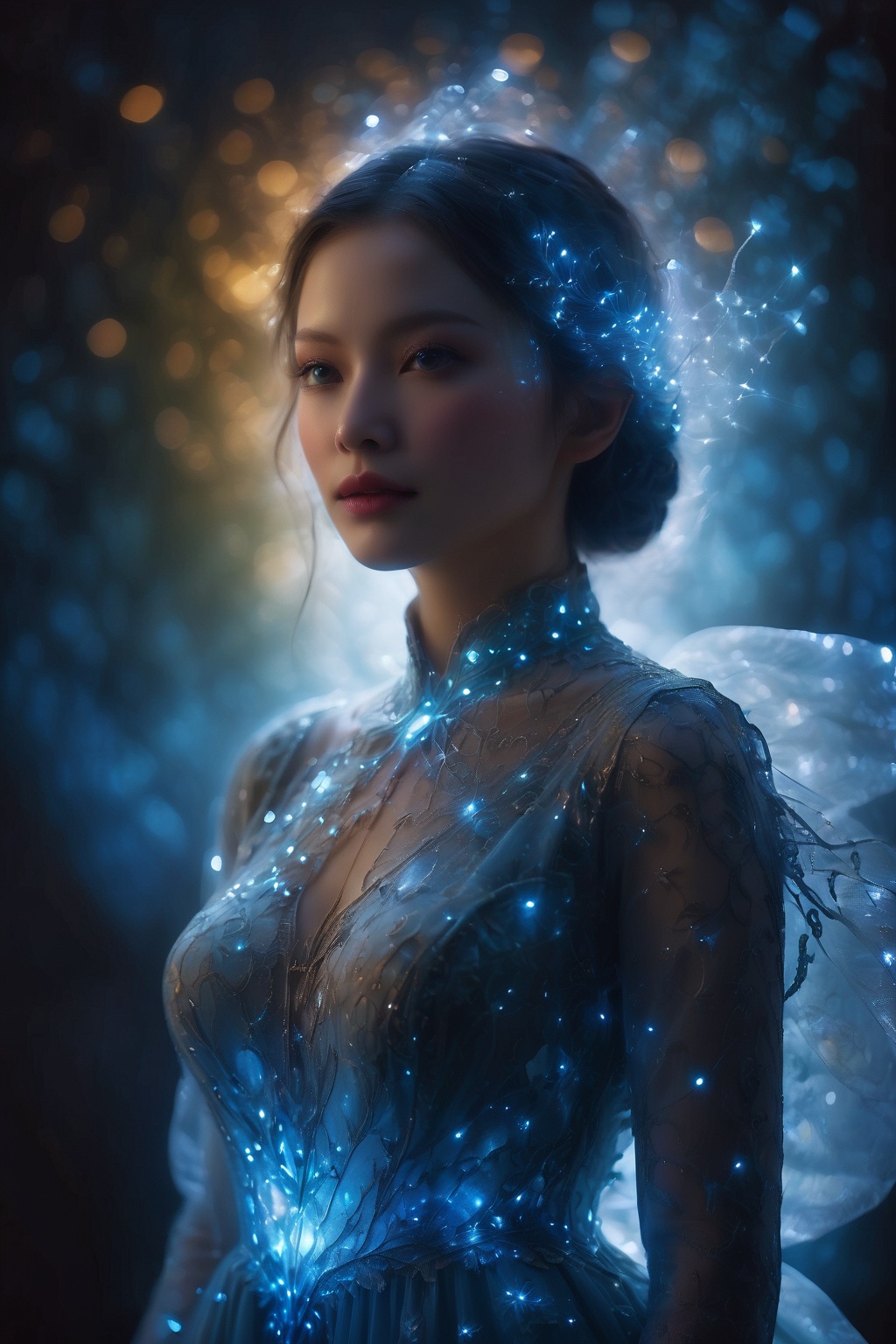 A luminous young woman,  her silhouette crafted from a concealed image of shimmering crystal triboluminescence,  embodying...