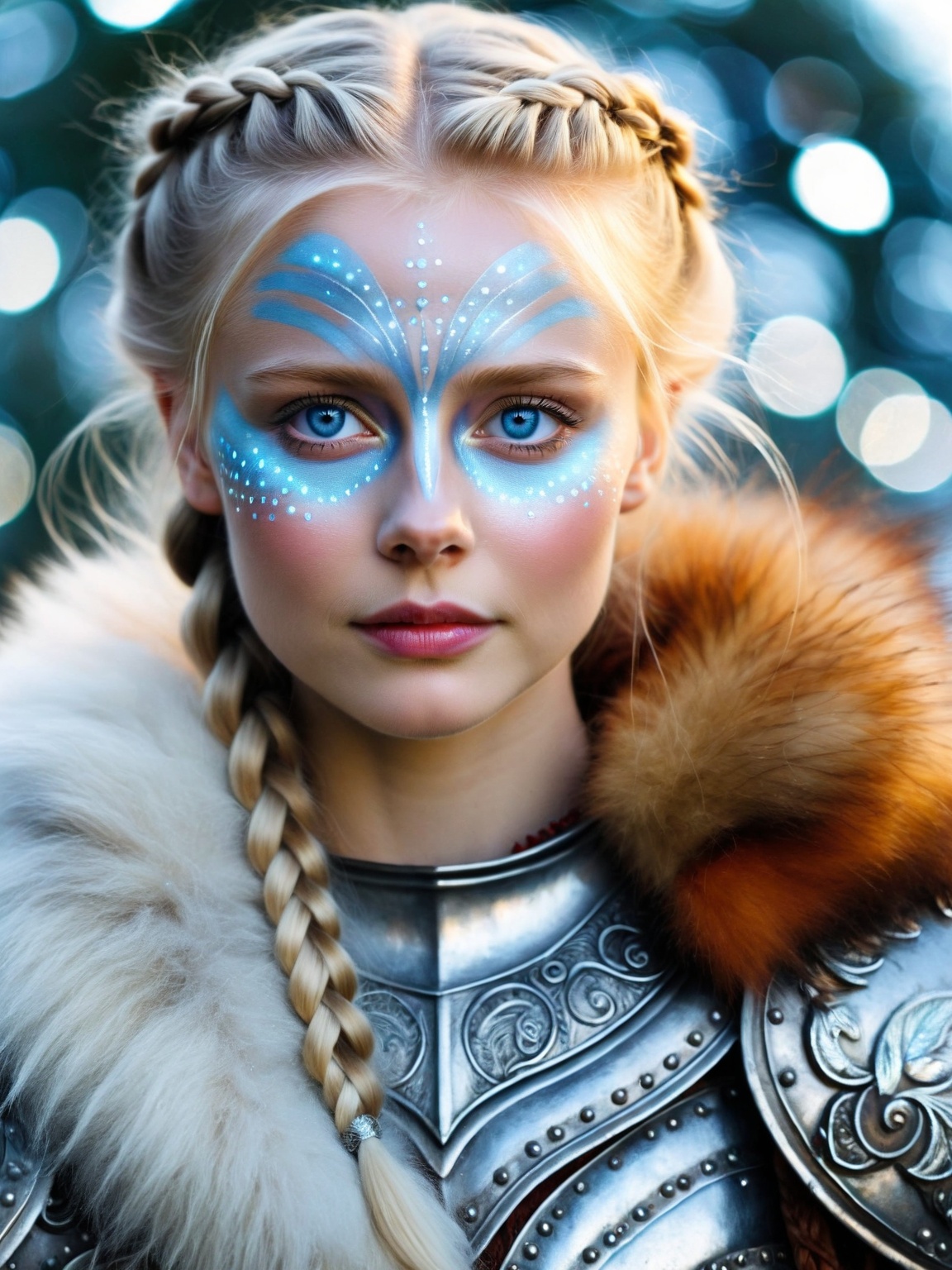 cinematic film still A fiercely proud Nordic girl stands,  her presence exuding unwavering strength. Her blonde braids cas...