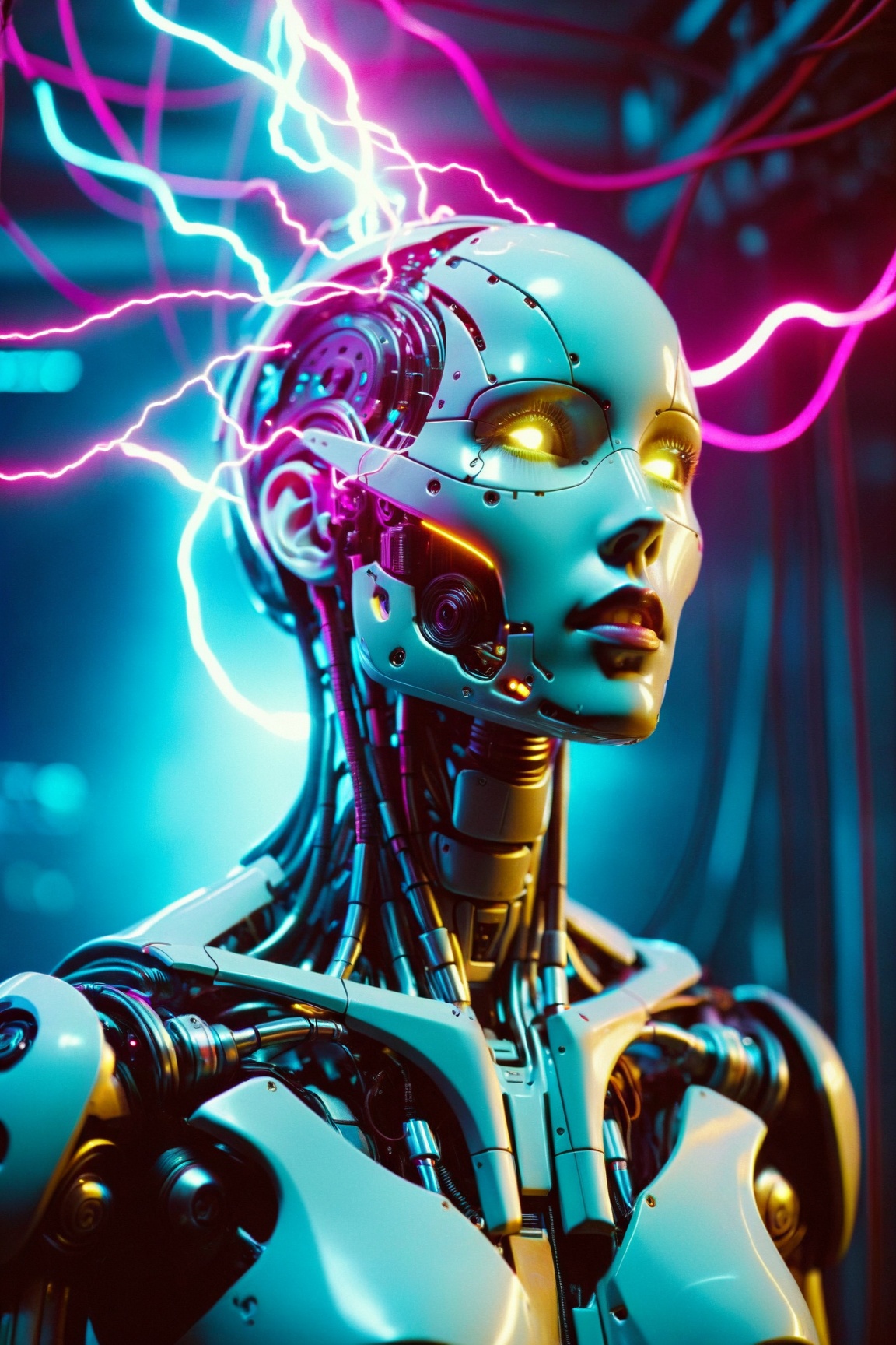 biomechanical style cinematic photo cinematic film still the head of a female cyborg,  by Ralph McQuarrie,  by Aaron Horke...
