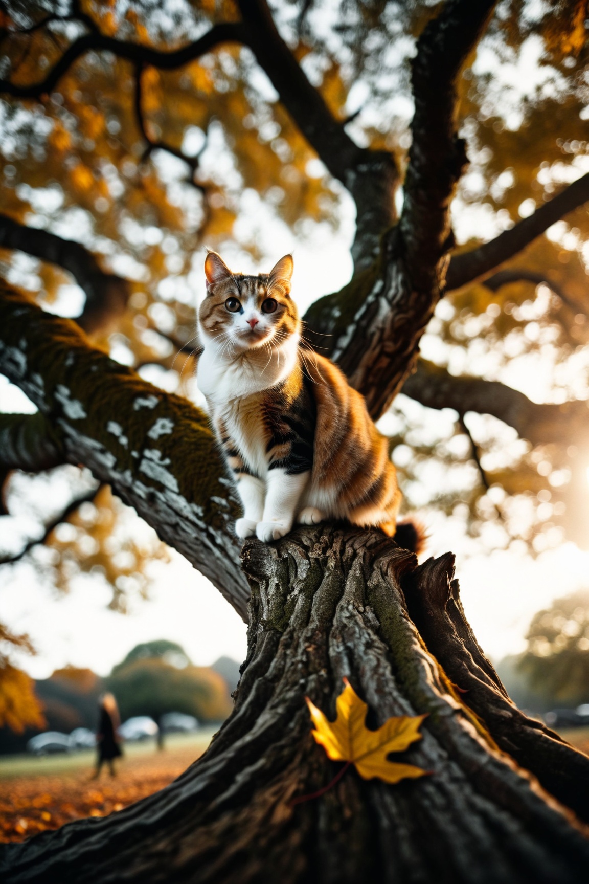 HDR photo of cinematic photo cinematic still photo of a Cat poised gracefully atop an ancient oak tree,  autumn leaves flu...