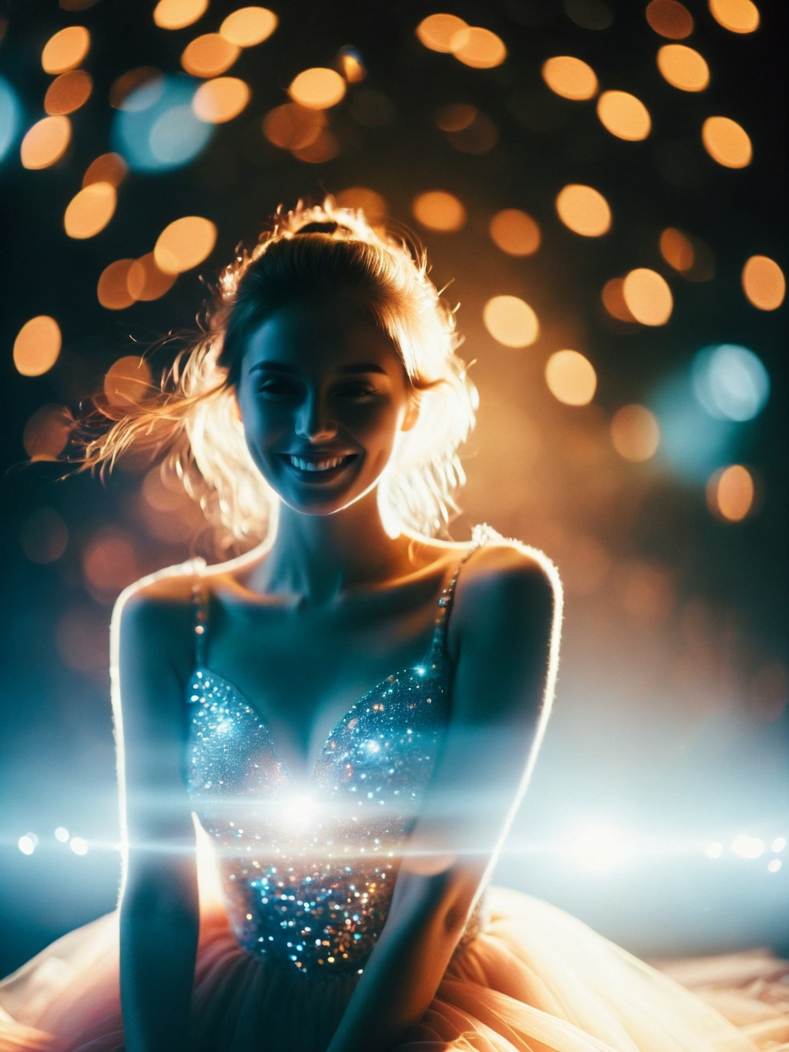Light Cheery Atmosphere,  photograph cinematic still A luminous young woman,  her silhouette crafted from a concealed imag...