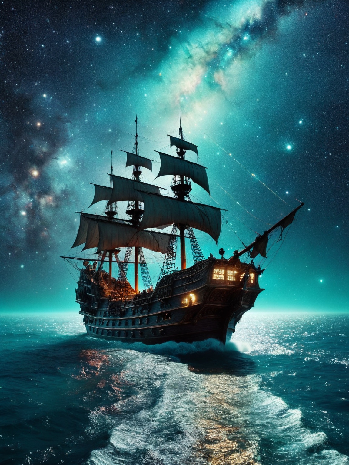 space-themed Pirate ship sailing into a bioluminescence sea with a galaxy in the sky),  epic,  4k on Tensor.Art
