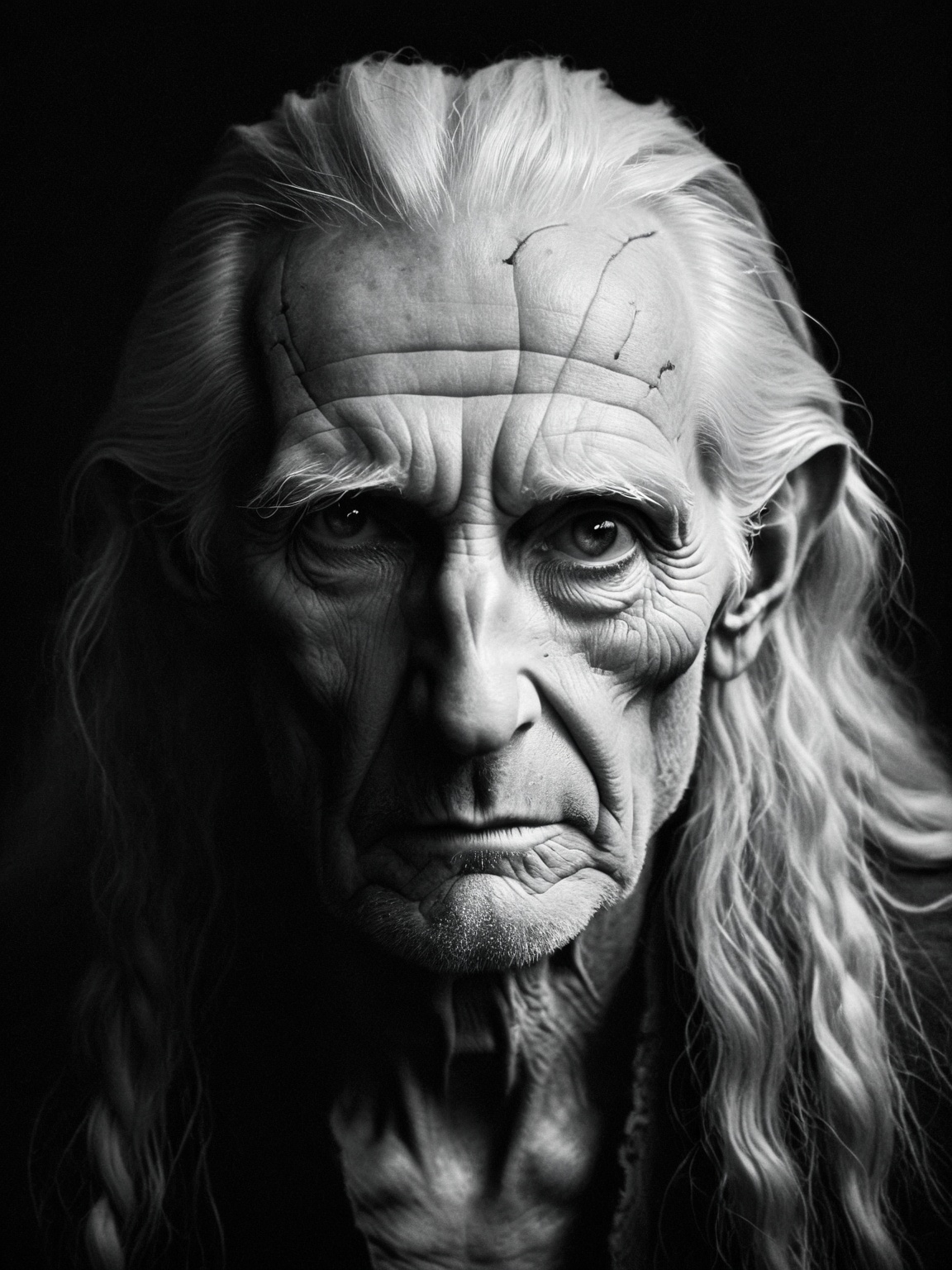 Dark Fantasy Art,  Worn down by the passage of time,  he gazes at the lens. The wrinkles and marks on his skin depict a pa...