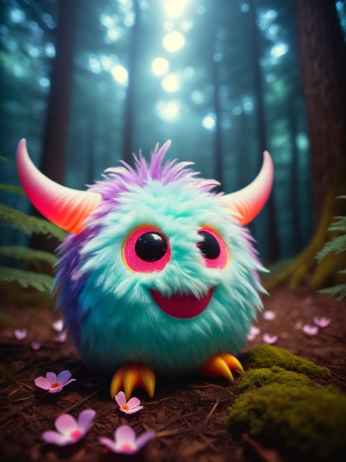 Light Cheery Atmosphere,  photograph cinematic still robust bioluminescent vivid adorable cute smiling pink and purple pol...