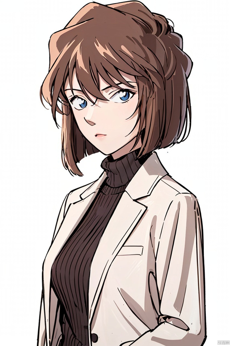 1girl,  solo,  short hair,  bangs,  blue eyes,  brown hair,  long sleeves,  closed mouth,  standing,  upper body,  sweater,  turtleneck,  white labcoat,<lora:EMS-253122-EMS:0.600000>,<lora:EMS-18180-EMS:0.800000>