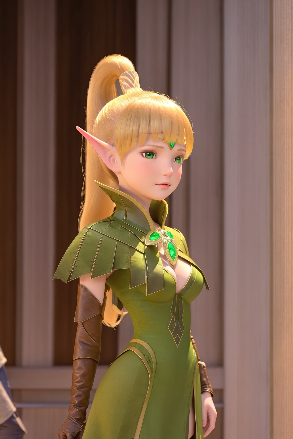 1girl,blonde hair,pointy ears,green eyes,gloves,solo,brown gloves,hand on hip,elf,breasts,looking at viewer,long hair,ponytail,dress,bangs,green dress,lips,closed mouth,gem,blunt bangs,blurry,medium breasts,arms_crossed,<lora:liya-000004:0.7>,thighhighs,boots,vertical-striped thighhighs,striped,