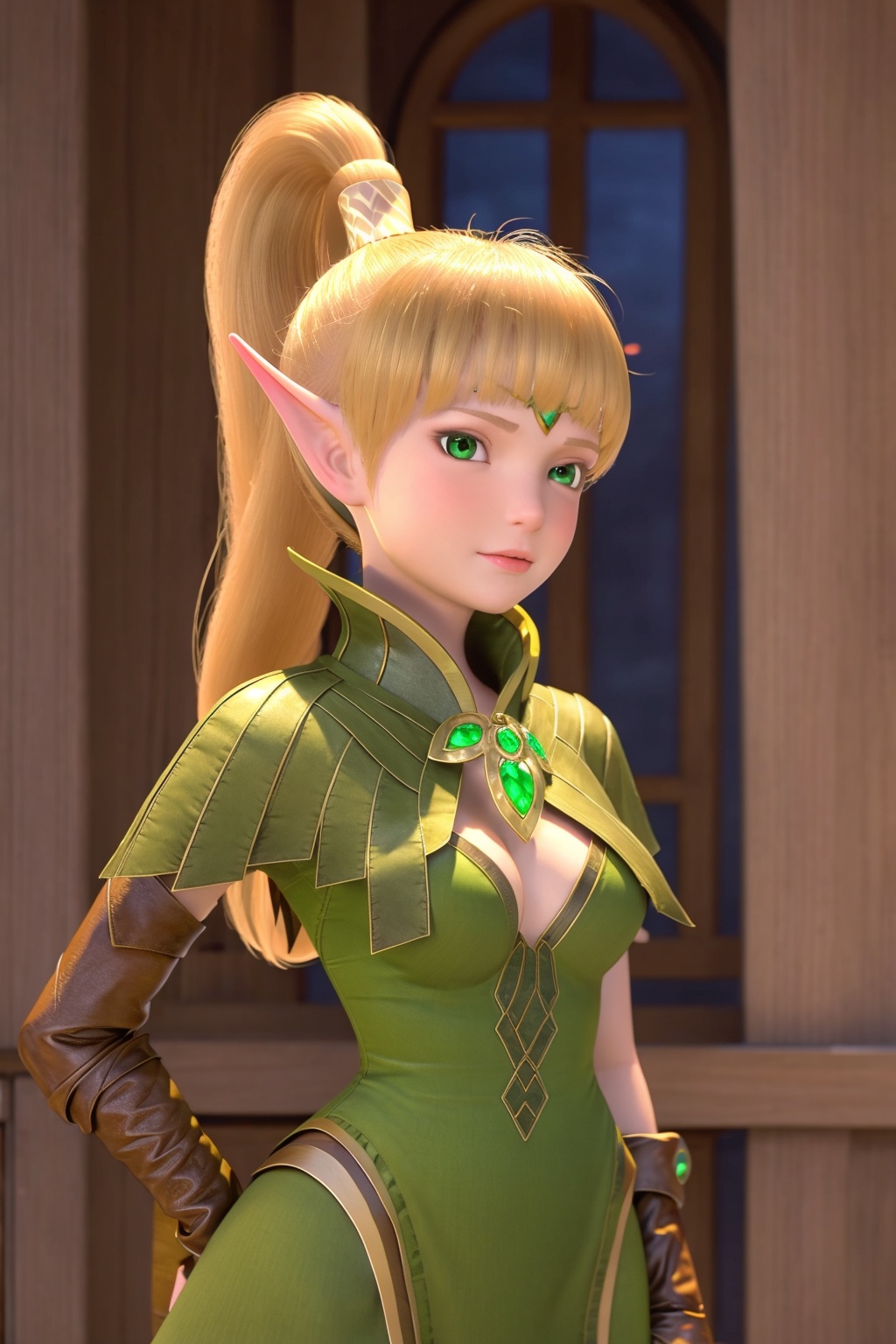 1girl,blonde hair,pointy ears,green eyes,gloves,solo,brown gloves,hand on hip,elf,breasts,looking at viewer,long hair,ponytail,dress,bangs,green dress,lips,closed mouth,gem,blunt bangs,blurry,medium breasts,arms_crossed,<lora:liya-000004:0.7>,thighhighs,boots,vertical-striped thighhighs,striped,
