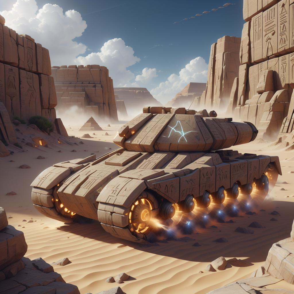 <lora:EgyptTech-30:0.8> egypttech ,scifi, hieroglyphs, sandstone,war ****, in a desert, epic war scene 