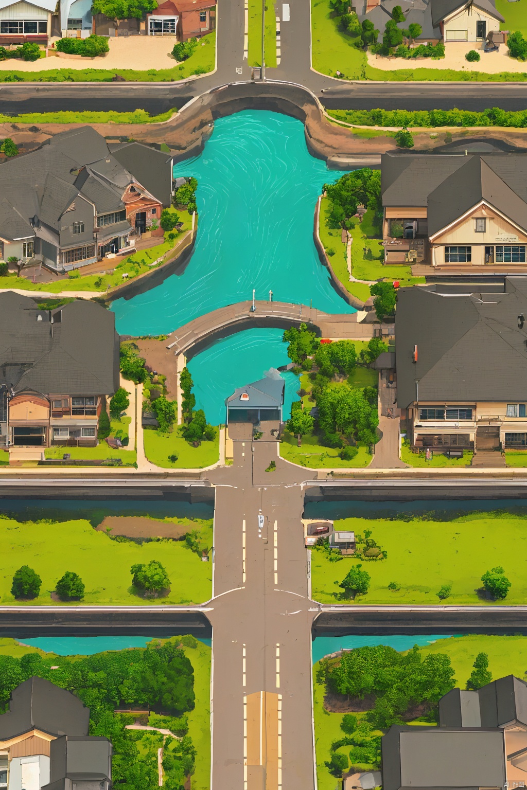 kp,outdoors, day, water, tree, grass, ground vehicle, building, scenery, motor vehicle, sign, car, road, bush, watercraft, house, bridge, river, boat, truck, bus