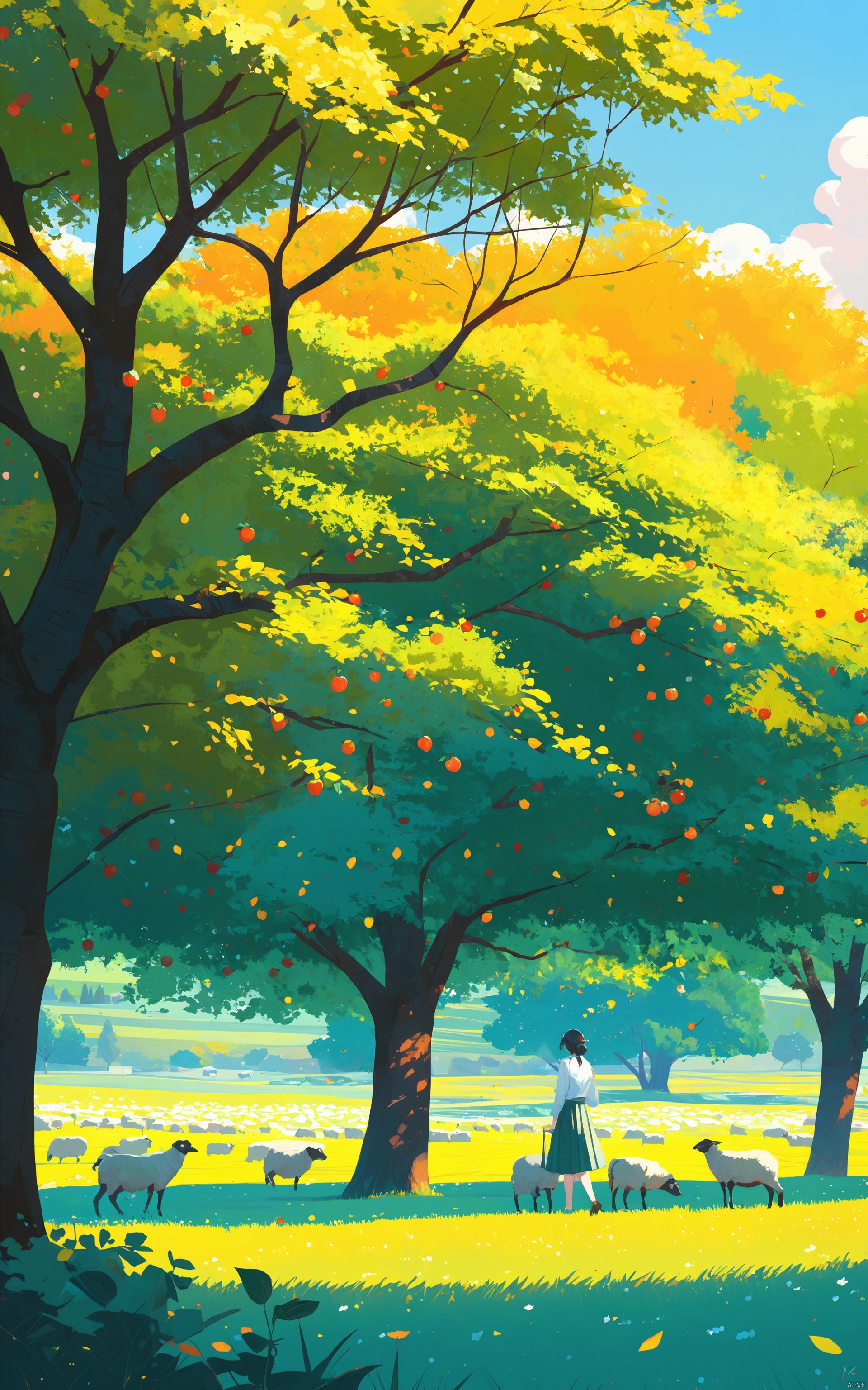  (masterpiece),(best quality) ,flat-style,1girl, shirt, skirt, solo, tree, outdoors, fruit, white shirt, black hair, food, sheep, scenery, wide shot, leaf