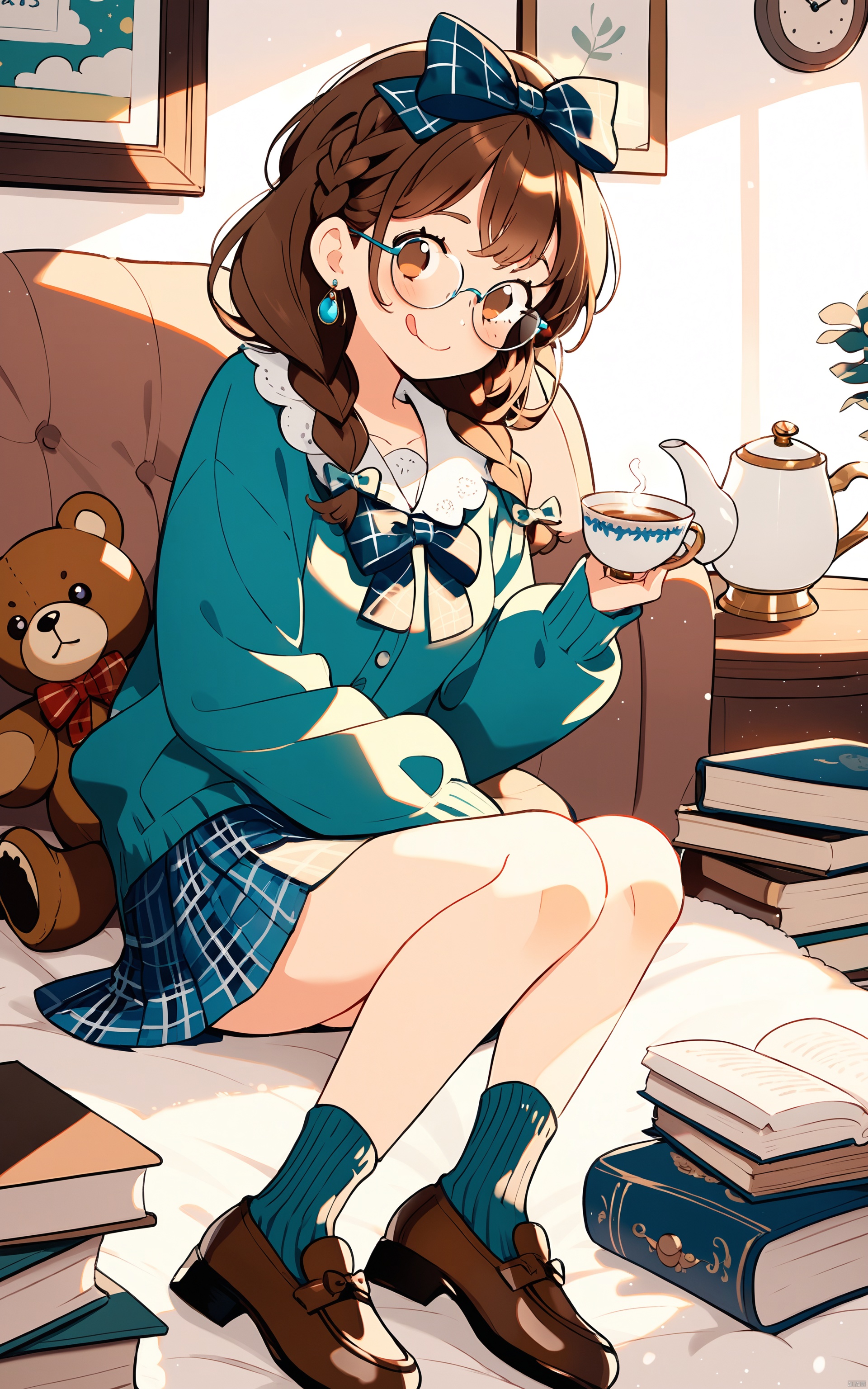  (masterpiece),(best quality)expressive-cartoons,1girl, stuffed toy, teddy bear, stuffed animal, cup, plaid, solo, brown hair, book, bow, food, holding, sitting, jewelry, earrings, glasses, smile, brown footwear, long sleeves, shoes, teapot, hair bow, socks, english text, clock, long hair, bangs, braid, tongue out, skirt, blush, book stack, teacup, plaid skirt