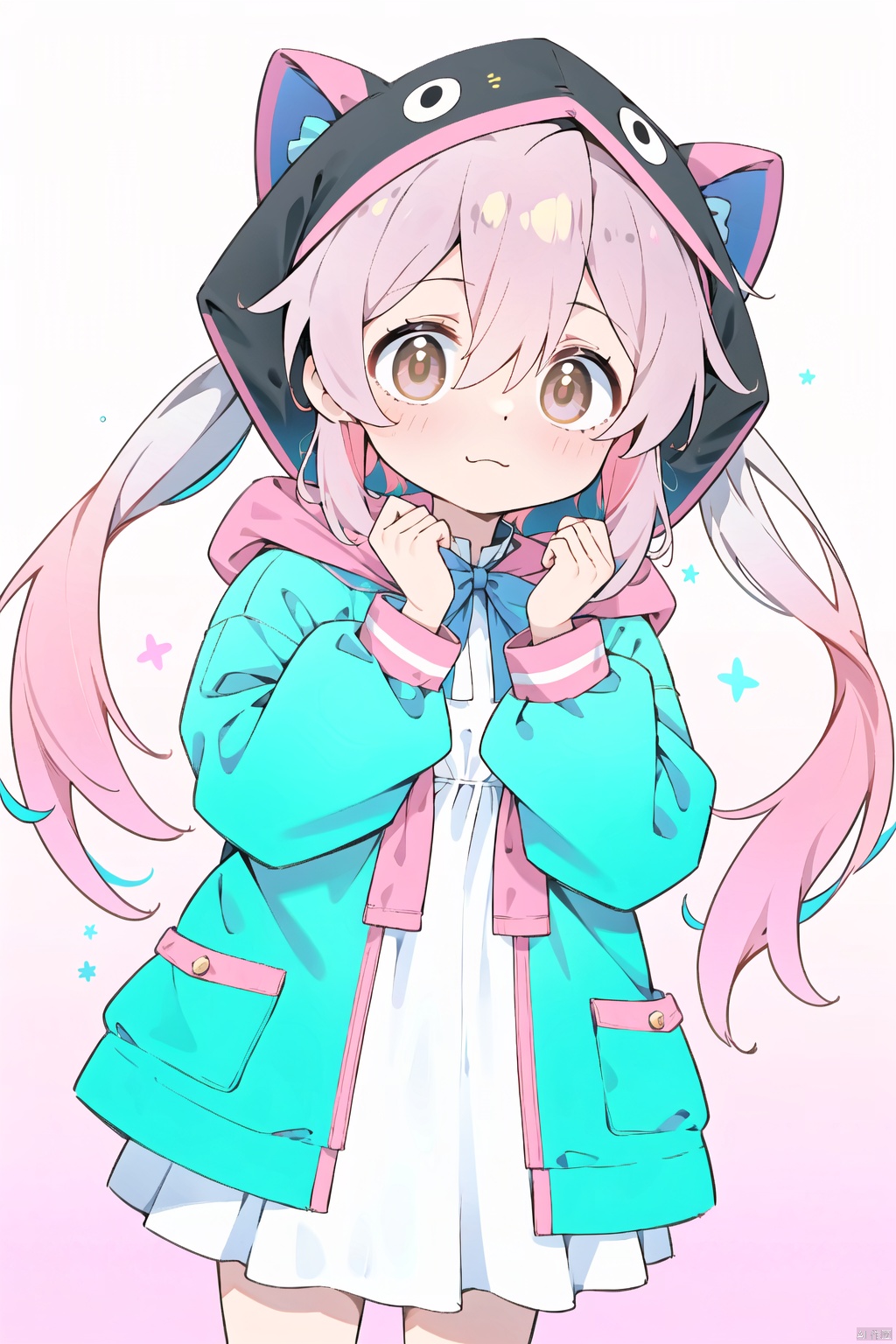  1girl, solo, looking at viewer, bangs, simple background, long sleeves, white background, dress, bow, hair between eyes, twintails, brown eyes, closed mouth, jacket, pink hair, hair bow, multicolored hair, hood, white dress, red bow, see-through, gradient hair, low twintails, blue bow, pink background, pink bow, puffy long sleeves, hood up, animal hood, pink jacket