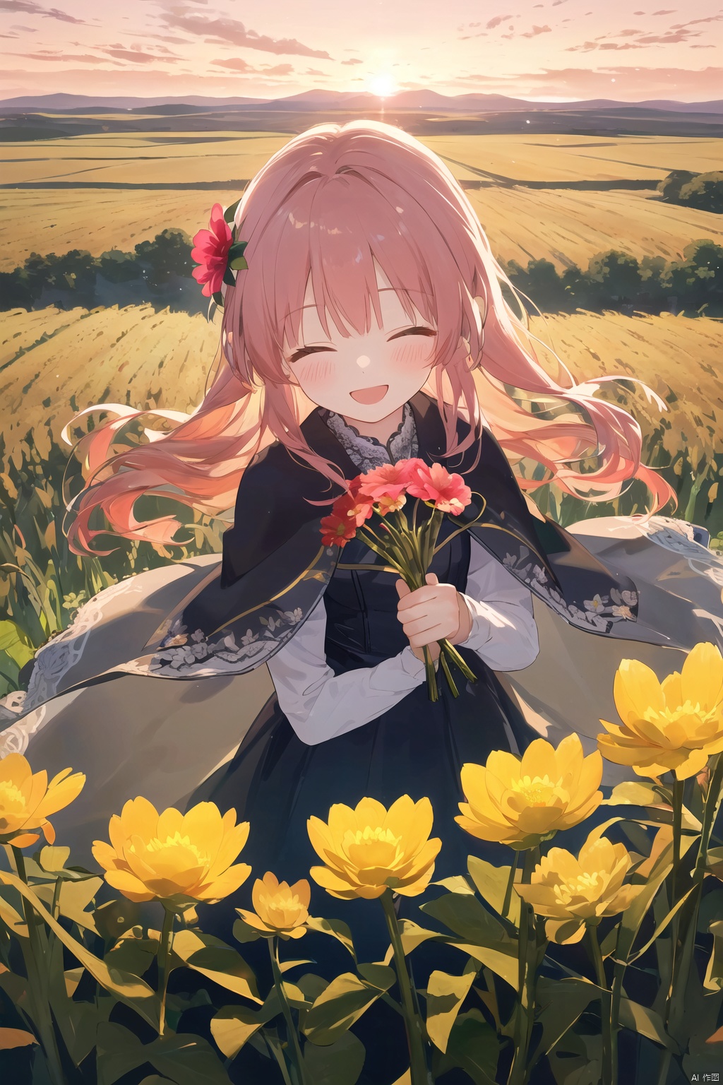  (drawn by Lynn Okamoto),center frame, sharp focus, (panorama, wide shot), best quality, masterpiece, extremely detailed, detailed background, (from above:1.2), 1girl, solo, pink hair, closed eyes, smile, open mouth, skirt, long hair, wavy hair, on side, fluffy hair, , french , blush, smile, capelet, lace trim, bodice, sunset, long dress, dusk, scenery, gold sky, high place, horizon, wheat field, wheat ears, wind, wind blow, looking at viewer, (depth of field), bokeh, (holding a flower:1.3), (holding:1.2),(medium):0.5,