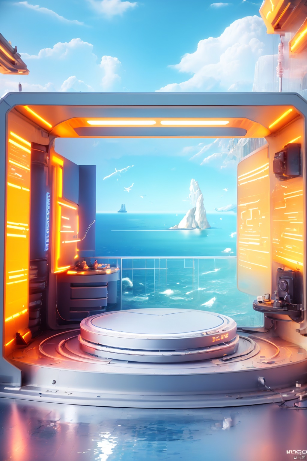 Headphones, Solo, Product Highlight, Center,A techy booth on the water, animated energy, lively coastal landscapes, surrealistic styletop view angle, metallic materials, clean colors, bright tones, OC renderer, best quality,beautiful compositions, HD 8K