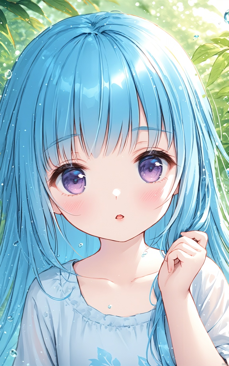 (masterpiece),(best quality),illustration,ultra detailed,hdr,Depth of field,(colorful),loli,1girl, solo, looking at viewer, blush, leaf, bangs, hand up, blue hair, parted lips, upper body, long hair, collarbone, purple eyes, shirt, water drop, plant