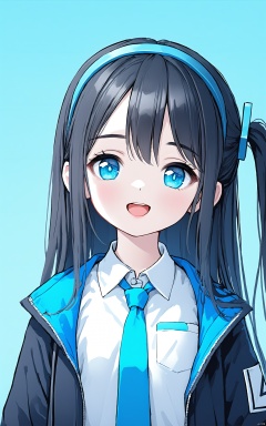  (masterpiece),(best quality),illustration,ultra detailed,hdr,Depth of field,(colorful),loli,1girl, solo, blue eyes, aris (blue archive), necktie, long hair, black hair, looking at viewer, hairband, open mouth, jacket, smile, school uniform, one side up, blue necktie, shirt, portrait, blue background