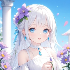 (masterpiece), (best quality), illustration, ultra detailed, hdr, Depth of field, (colorful), loli,1girl, flower, solo, hair ornament, white hair, hair flower, long hair, bare shoulders, holding flower, jewelry, earrings, looking at viewer, holding, upper body, purple flower, sky, bangs, parted lips, blue eyes, dress, blue sky, outdoors, day, petals, white dress, blurry, choker, blurry background