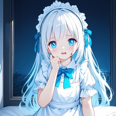 finely detail, Depth of field, (((masterpiece))), ((extremely detailed CG unity 8k wallpaper)), best quality, high resolution illustration, Amazing, highres, intricate detail, best illumination, best shadow, , (late at night), night, (Dark blue theme), Depth of field, window, White curtains, loli,1girl, solo, bangs, blood on face, dark persona, white hair, Blue bow tie, maid, Short sleeve, apron, maid headdress, long hair, hand on own chin, teary-eyed, blood on clothes, blood, maid apron