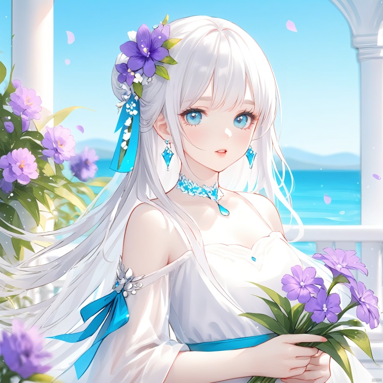 (masterpiece), (best quality), illustration, ultra detailed, hdr, Depth of field, (colorful), 1girl, flower, solo, hair ornament, white hair, hair flower, long hair, bare shoulders, holding flower, jewelry, earrings, looking at viewer, holding, upper body, purple flower, sky, bangs, parted lips, blue eyes, dress, blue sky, outdoors, day, petals, white dress, blurry, choker, blurry background