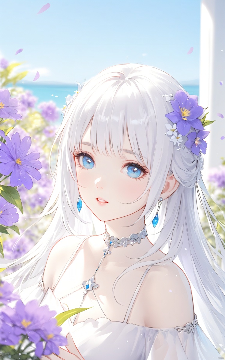 (masterpiece), (best quality), illustration, ultra detailed, hdr, Depth of field, (colorful), 1girl, flower, solo, hair ornament, white hair, hair flower, long hair, bare shoulders, holding flower, jewelry, earrings, looking at viewer, holding, upper body, purple flower, sky, bangs, parted lips, blue eyes, dress, blue sky, outdoors, day, petals, white dress, blurry, choker, blurry background