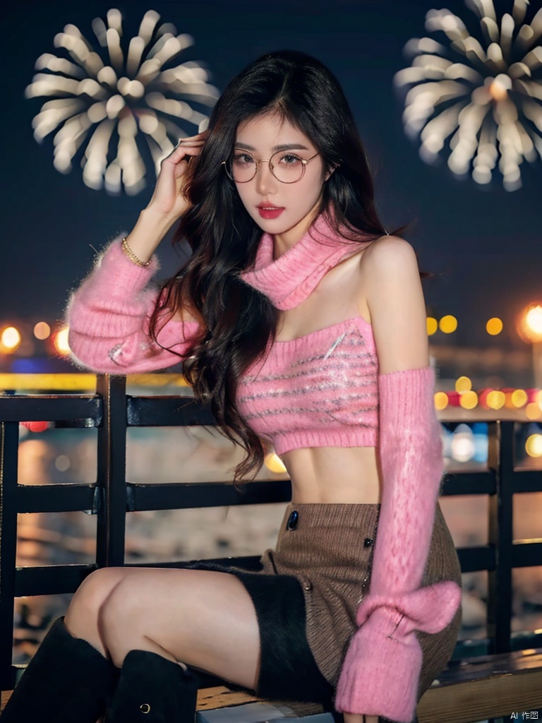  1girl,fashion model,female focus,(masterpiece, realistic, best quality, highly detailed, profession),asian,pretty,Charming eyes,exquisite facial features,bangle,sweater,scarf,skirt,black stockings,boots,sitting,night,neon,beach of city,new year,cinematic composition,,blurry,plns,sw, fireworks
