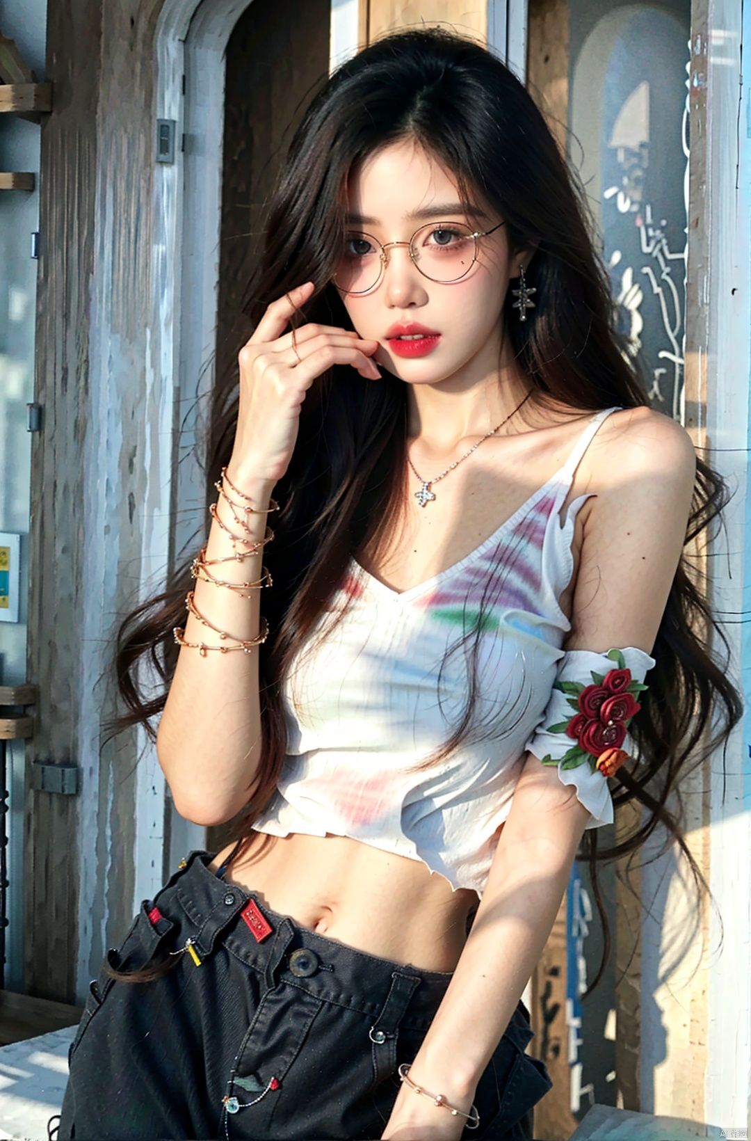  1girl, jewelry, earrings, solo, lipstick, black_hair, long_hair, makeup, red_lips,shirt,fancy brooch,pants, bracelet, black_pants, cowboy_shot, Realistic, masterpiece, highest quality, high resolution,dundar,, dyzgqzm, qingsha, ((poakl)), , zixia, Rita