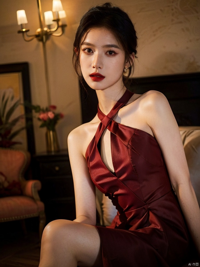 1, 1girl, short hair, brown hair, solo, dress, brown eyes, looking at viewer, holding, red dress, parted lips, bare shoulders, indoors, lips, upper body, sleeveless