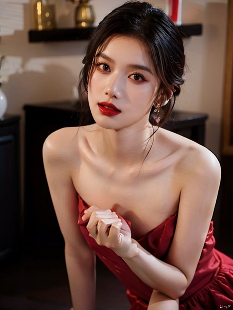 1, 1girl, short hair, brown hair, solo, dress, brown eyes, looking at viewer, holding, red dress, parted lips, bare shoulders, indoors, lips, upper body, sleeveless