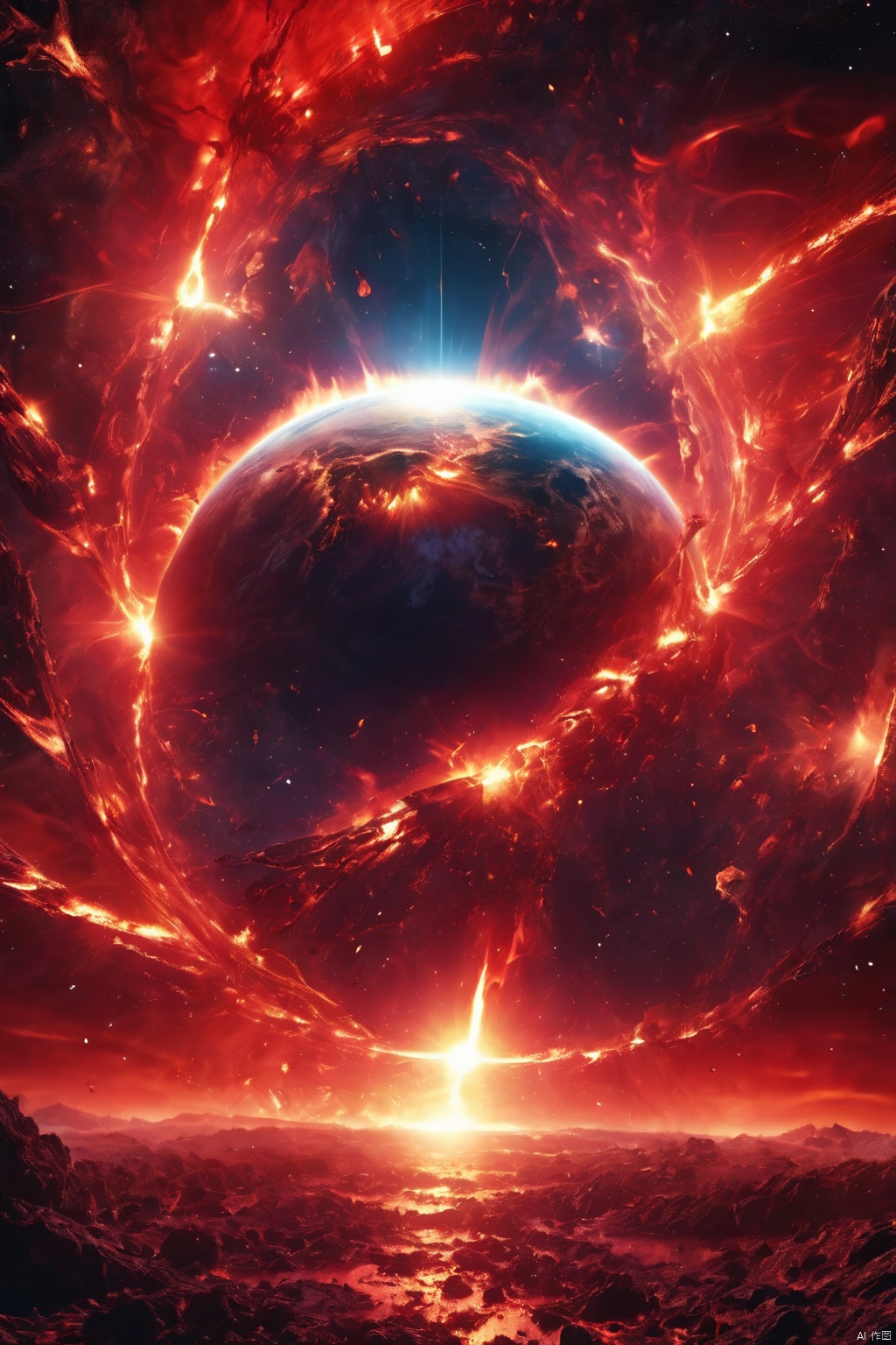 ((Best quality)), ((Masterpiece)), (dramatic scene), The Earth and the Sun collapse into black holes like the Sun, (Latter-day lighting:1.3), The sun darkens when ejected, (Epic composition:1.2), Earth bathed in red light, (CG animation:1.1), Flames and debris are inhaled, (Emergency atmosphere:1.2), People fleeing by boat, (movie atmosphere:1.3), Nebulae and galaxies in the background, (High contrast:1.1), (8K resolution:1.0),Five verses,Planetary apocalypse scene