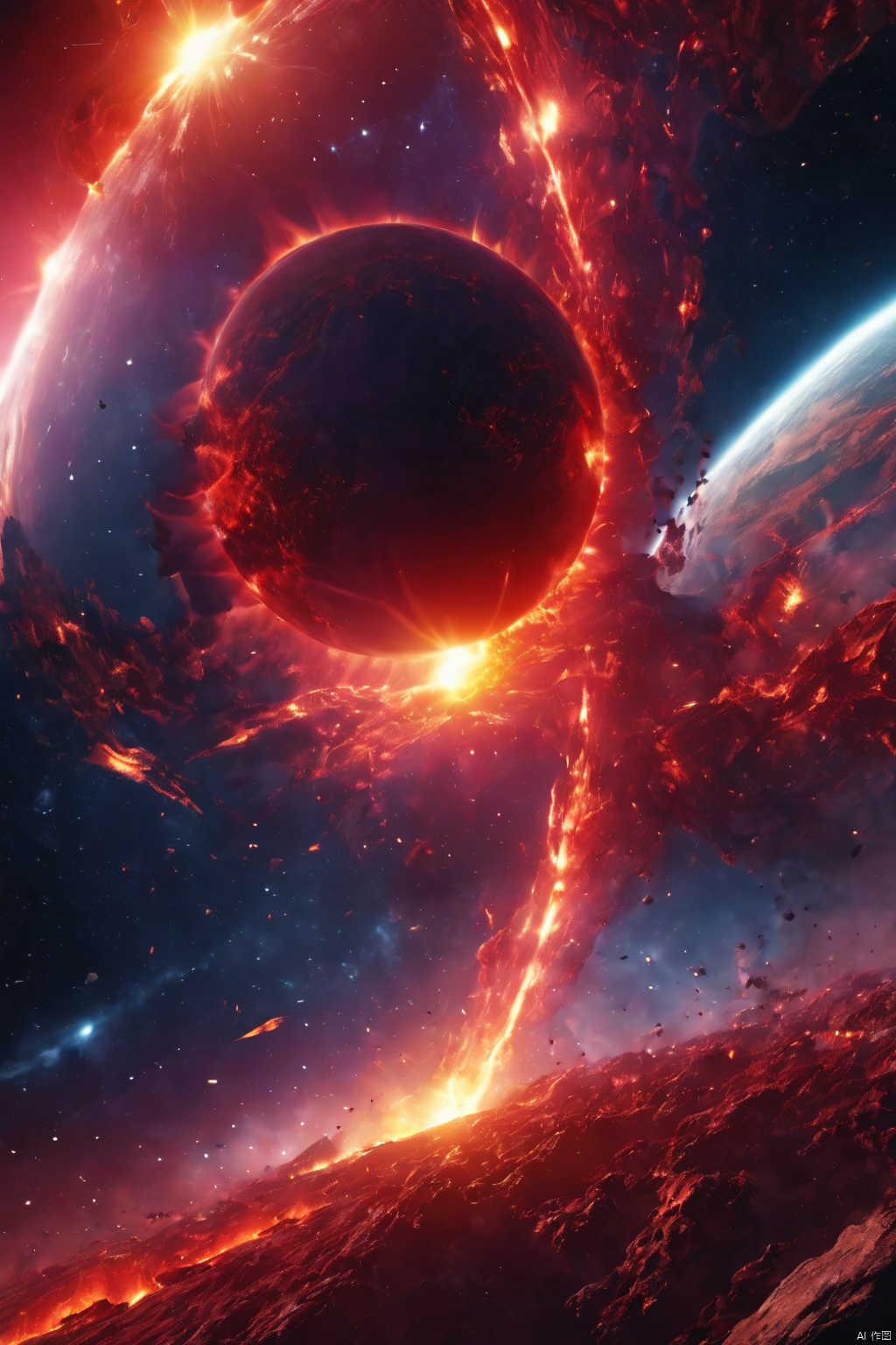 ((Best quality)), ((Masterpiece)), (dramatic scene), The Earth and the Sun collapse into black holes like the Sun, (Latter-day lighting:1.3), The sun darkens when ejected, (Epic composition:1.2), Earth bathed in red light, (CG animation:1.1), Flames and debris are inhaled, (Emergency atmosphere:1.2), People fleeing by boat, (movie atmosphere:1.3), Nebulae and galaxies in the background, (High contrast:1.1), (8K resolution:1.0),Five verses,Planetary apocalypse scene