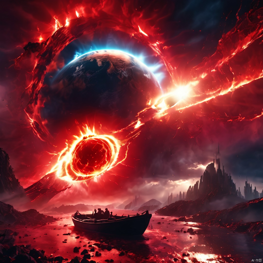 ((Best quality)), ((Masterpiece)), (dramatic scene), The Earth and the Sun collapse into black holes like the Sun, (Latter-day lighting:1.3), The sun darkens when ejected, (Epic composition:1.2), Earth bathed in red light, (CG animation:1.1), Flames and debris are inhaled, (Emergency atmosphere:1.2), People fleeing by boat, (movie atmosphere:1.3), Nebulae and galaxies in the background, (High contrast:1.1), (8K resolution:1.0),Five verses,Planetary apocalypse scene