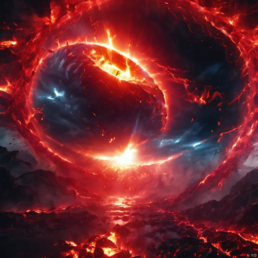 ((Best quality)), ((Masterpiece)), (dramatic scene), The Earth and the Sun collapse into black holes like the Sun, (Latter-day lighting:1.3), The sun darkens when ejected, (Epic composition:1.2), Earth bathed in red light, (CG animation:1.1), Flames and debris are inhaled, (Emergency atmosphere:1.2), People fleeing by boat, (movie atmosphere:1.3), Nebulae and galaxies in the background, (High contrast:1.1), (8K resolution:1.0),Five verses,Planetary apocalypse scene