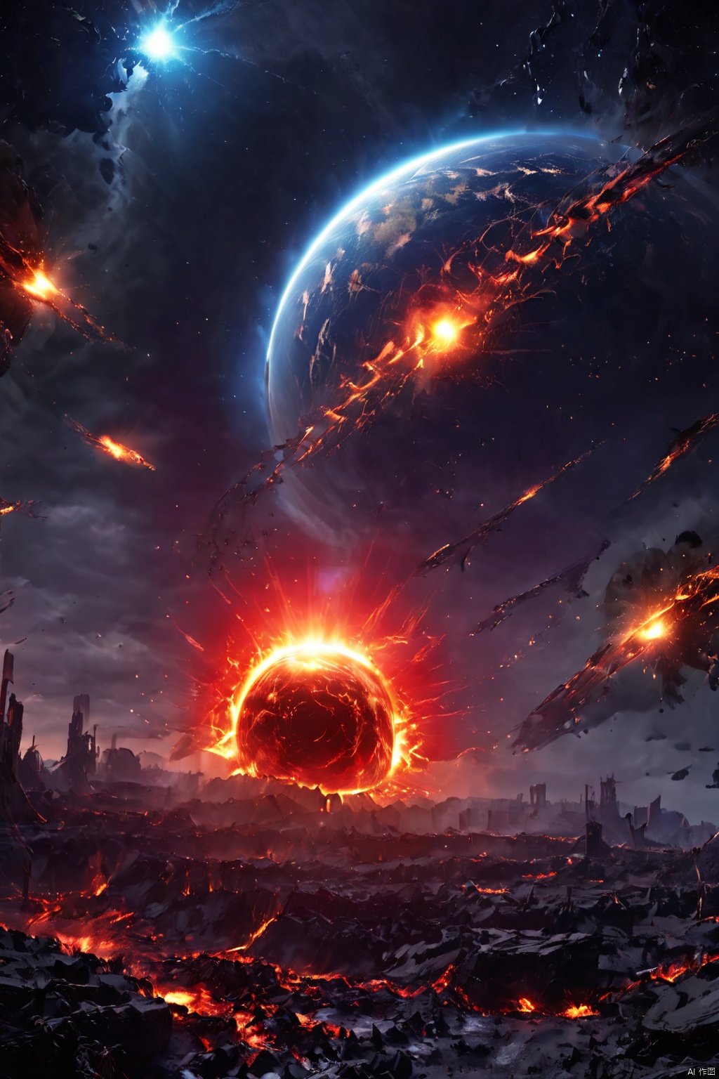 ((Best quality)), ((Masterpiece)), (dramatic scene), The Earth and the Sun collapse into black holes like the Sun, (Latter-day lighting:1.3), The sun darkens when ejected, (Epic composition:1.2), Earth bathed in red light, (CG animation:1.1), Flames and debris are inhaled, (Emergency atmosphere:1.2), People fleeing by boat, (movie atmosphere:1.3), Nebulae and galaxies in the background, (High contrast:1.1), (8K resolution:1.0),Five verses,Planetary apocalypse scene, science fiction